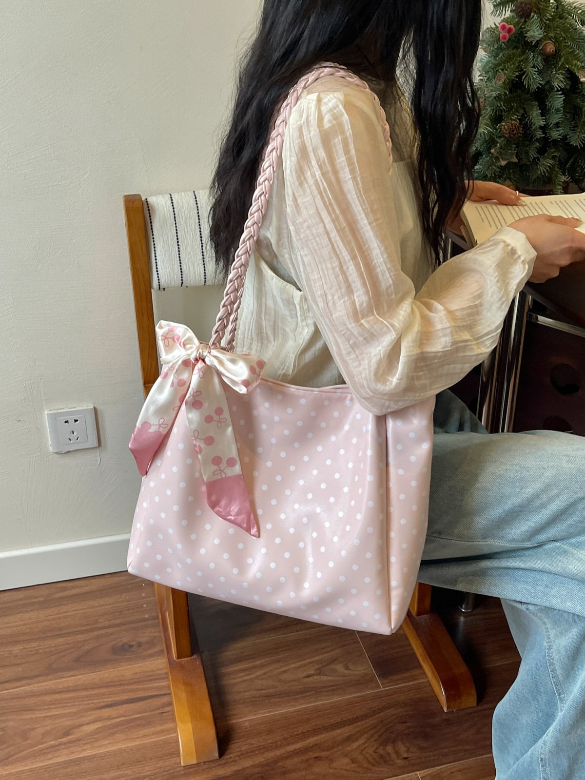 Polka Dot Shoulder Bag with Bow Scarf