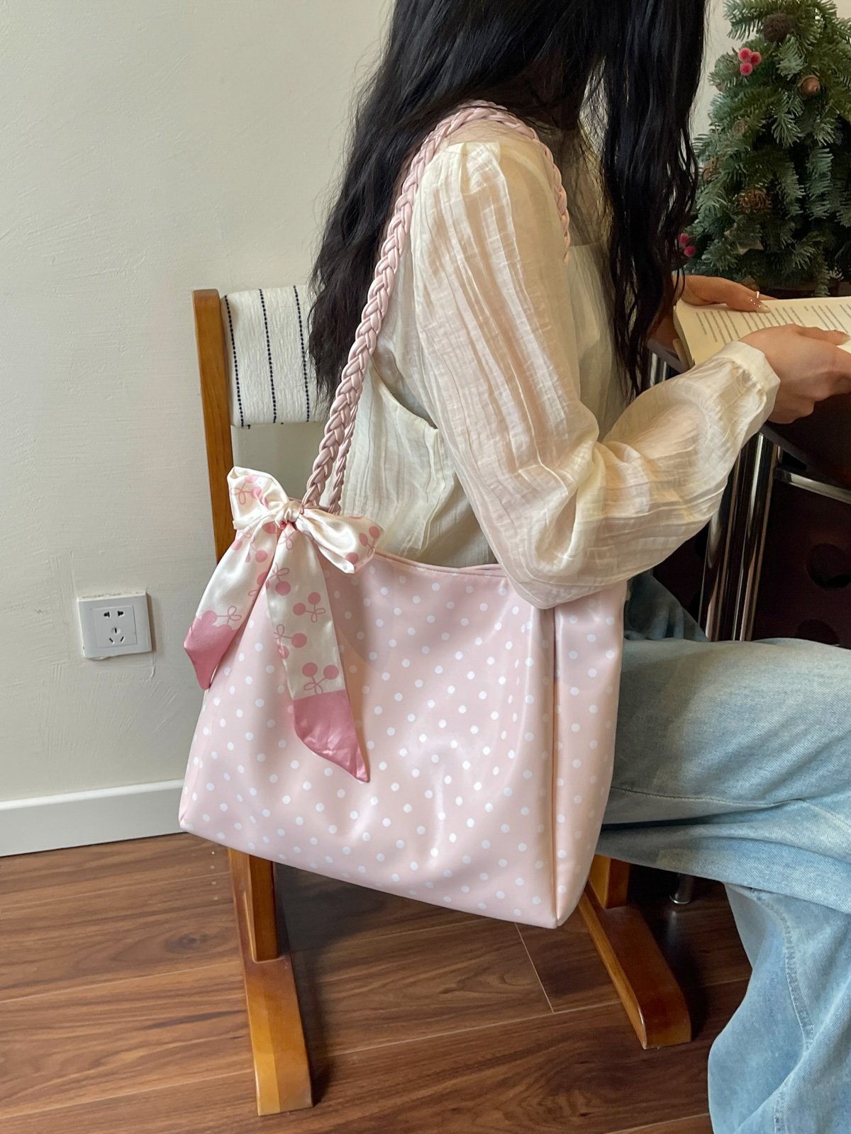 Polka Dot Shoulder Bag with Bow Scarf