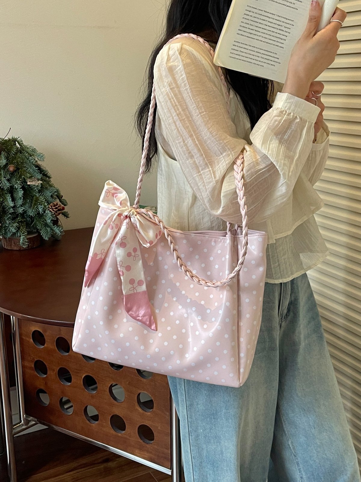 Polka Dot Shoulder Bag with Bow Scarf