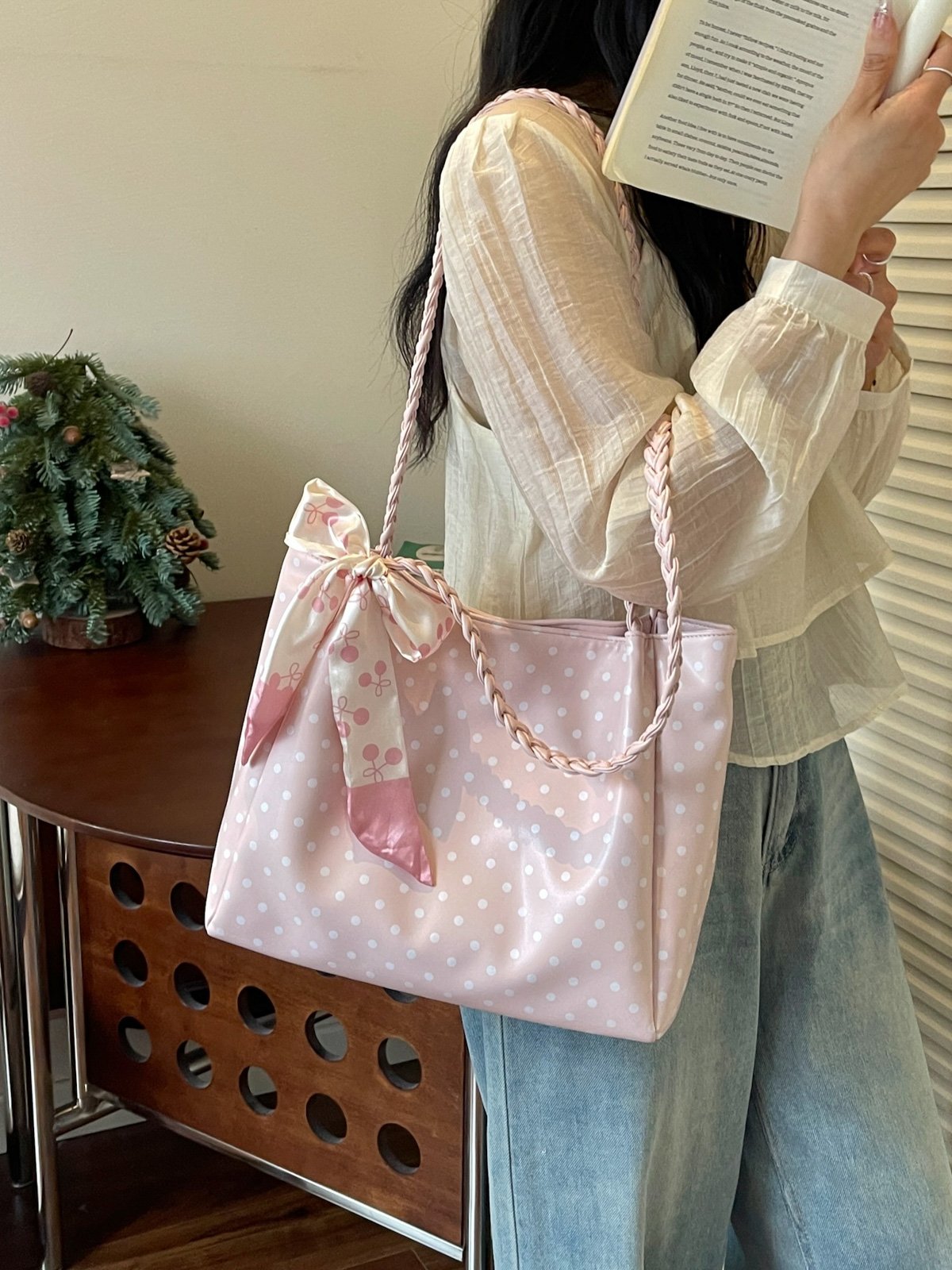 Polka Dot Shoulder Bag with Bow Scarf