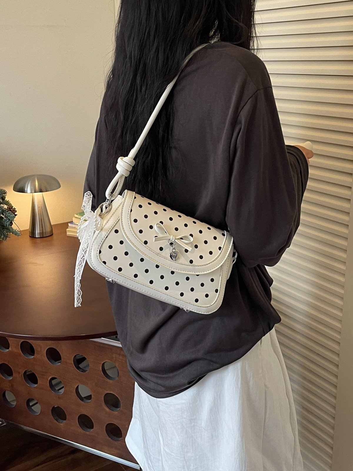 Polka Dot Flap Shoulder Bag with Charm