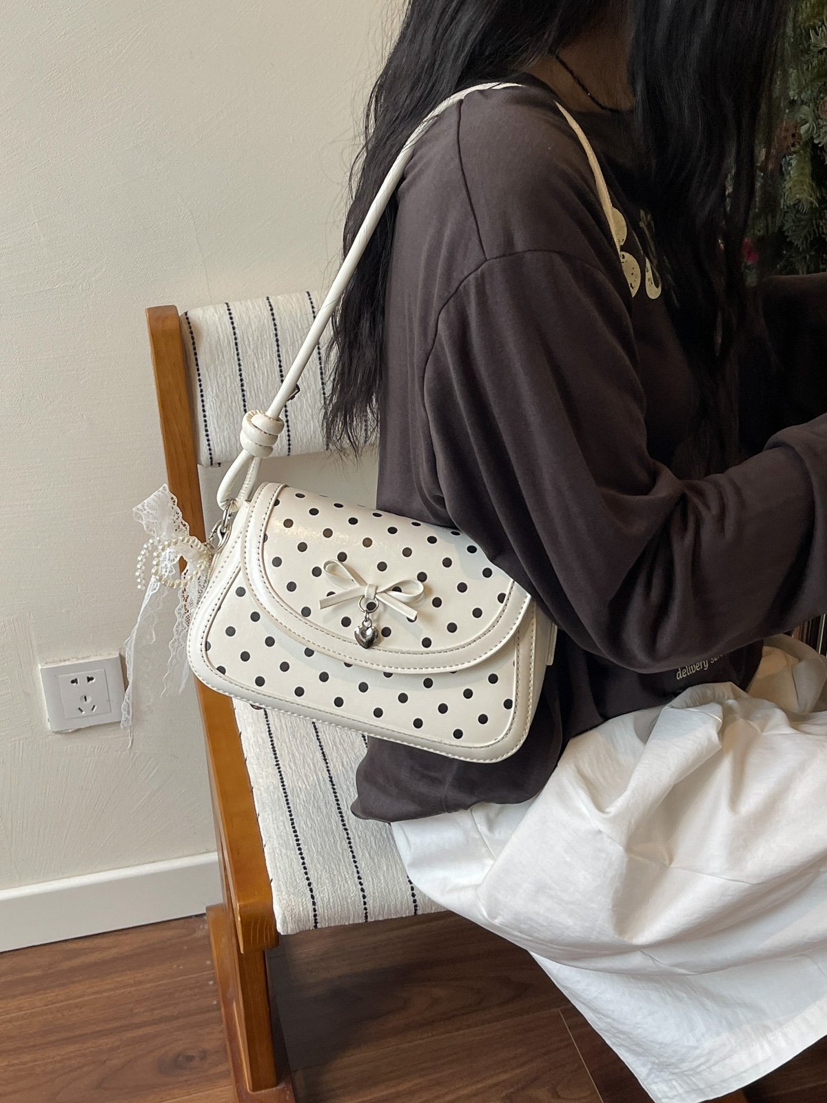 Polka Dot Flap Shoulder Bag with Charm