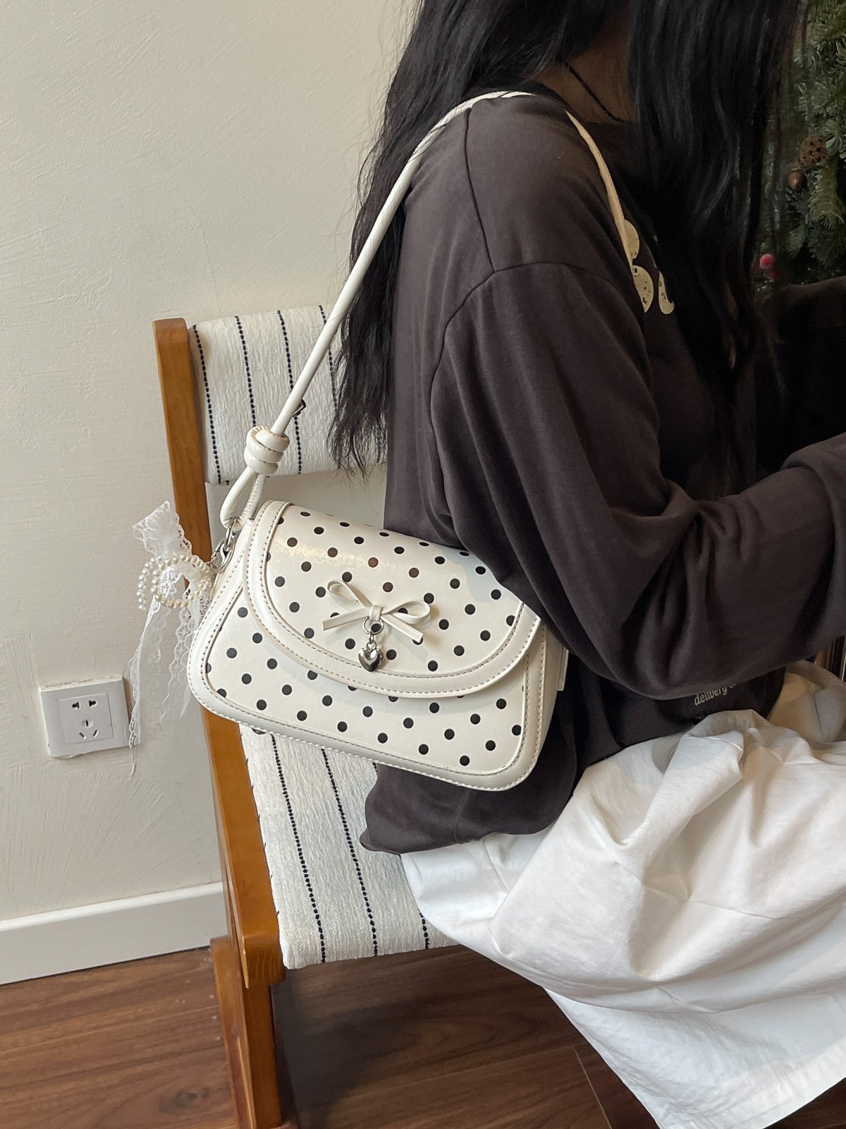Polka Dot Flap Shoulder Bag with Charm