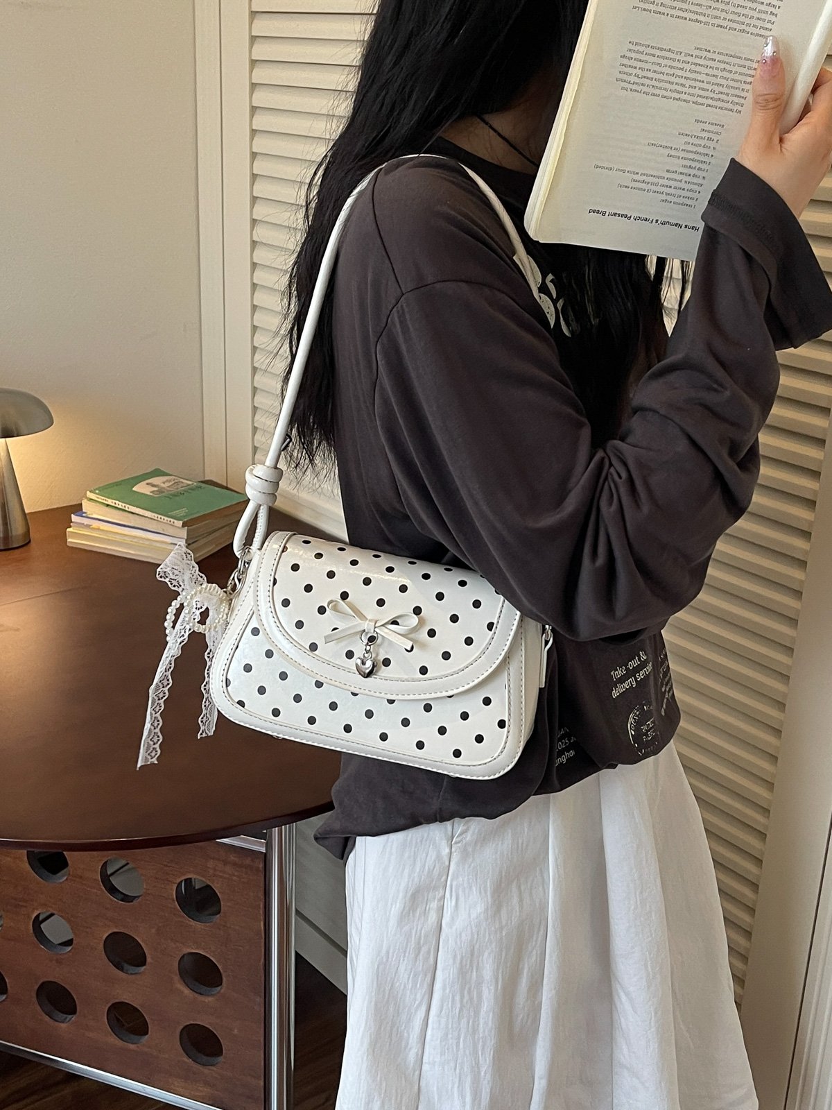 Polka Dot Flap Shoulder Bag with Charm