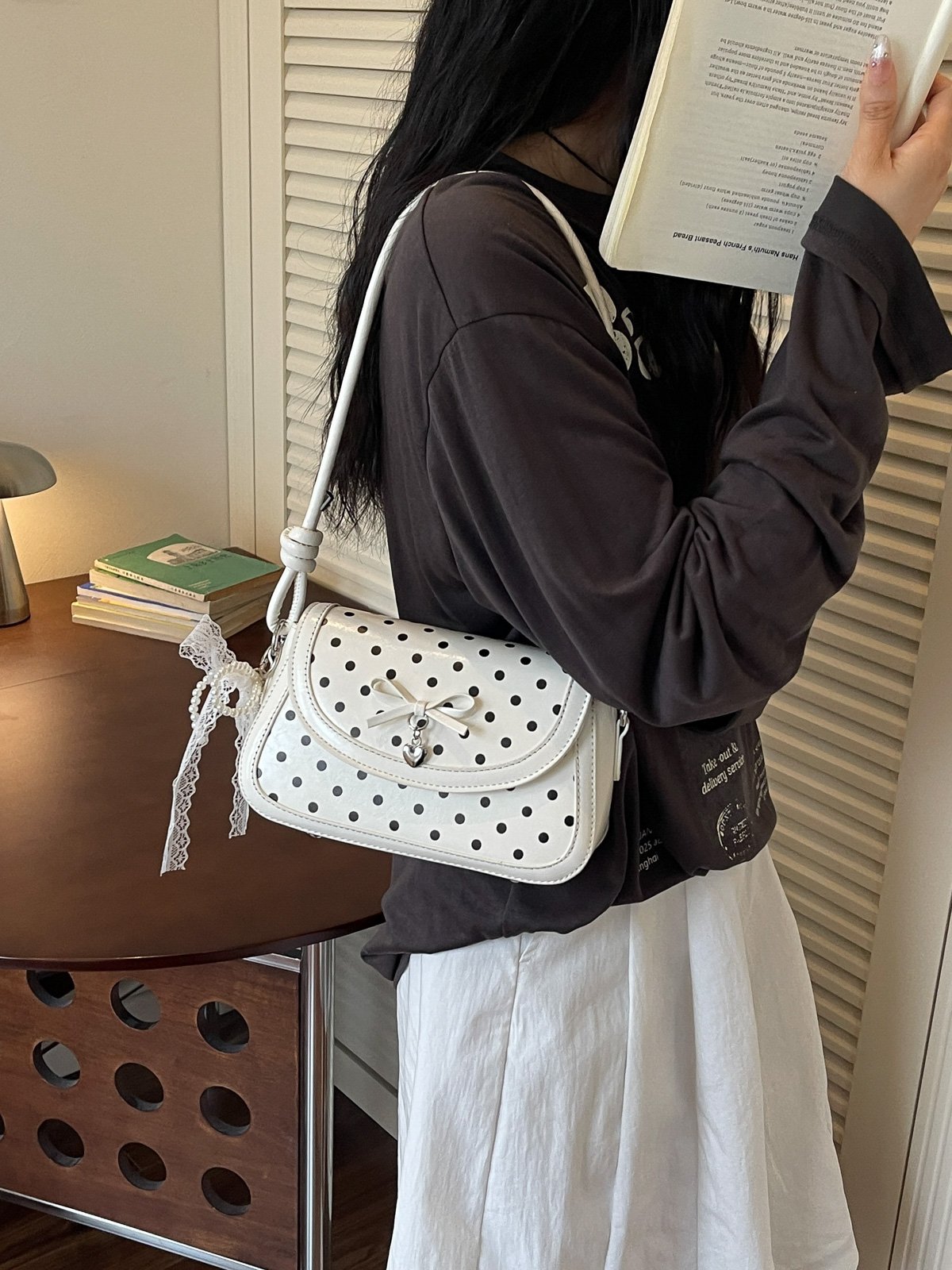 Polka Dot Flap Shoulder Bag with Charm