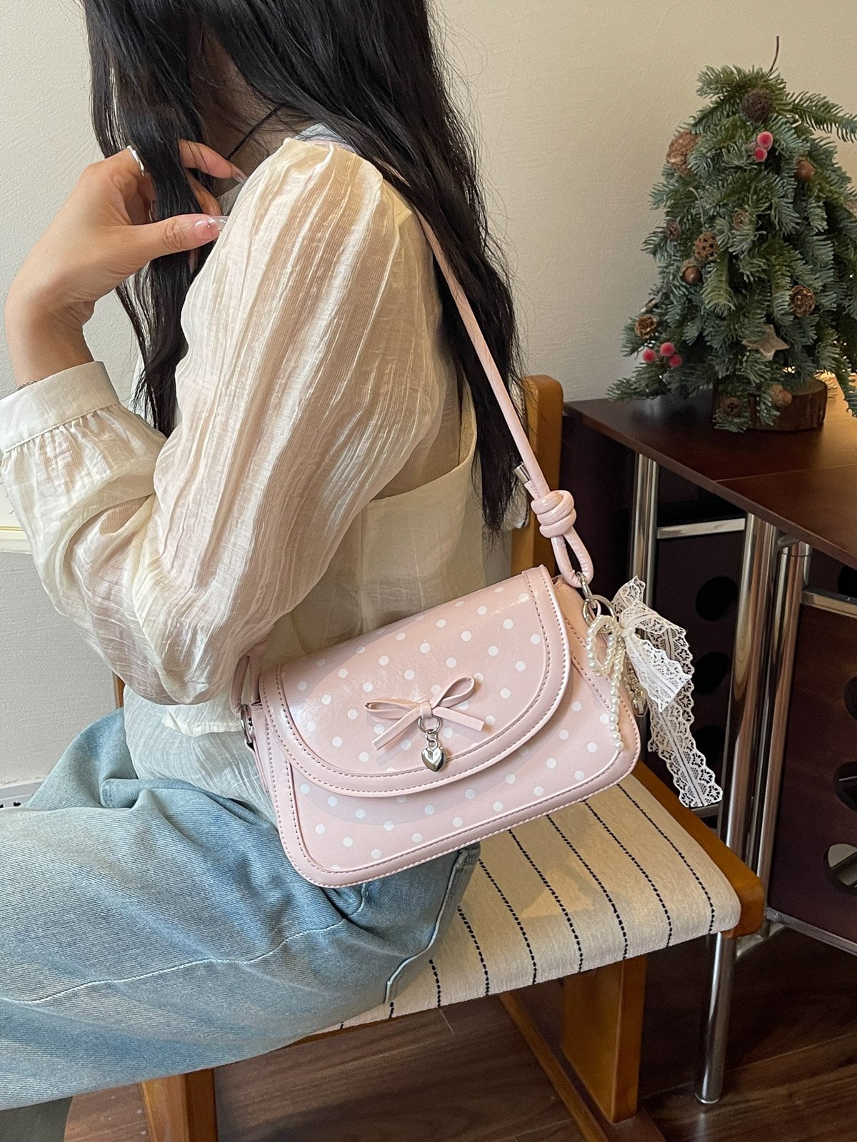 Polka Dot Flap Shoulder Bag with Charm