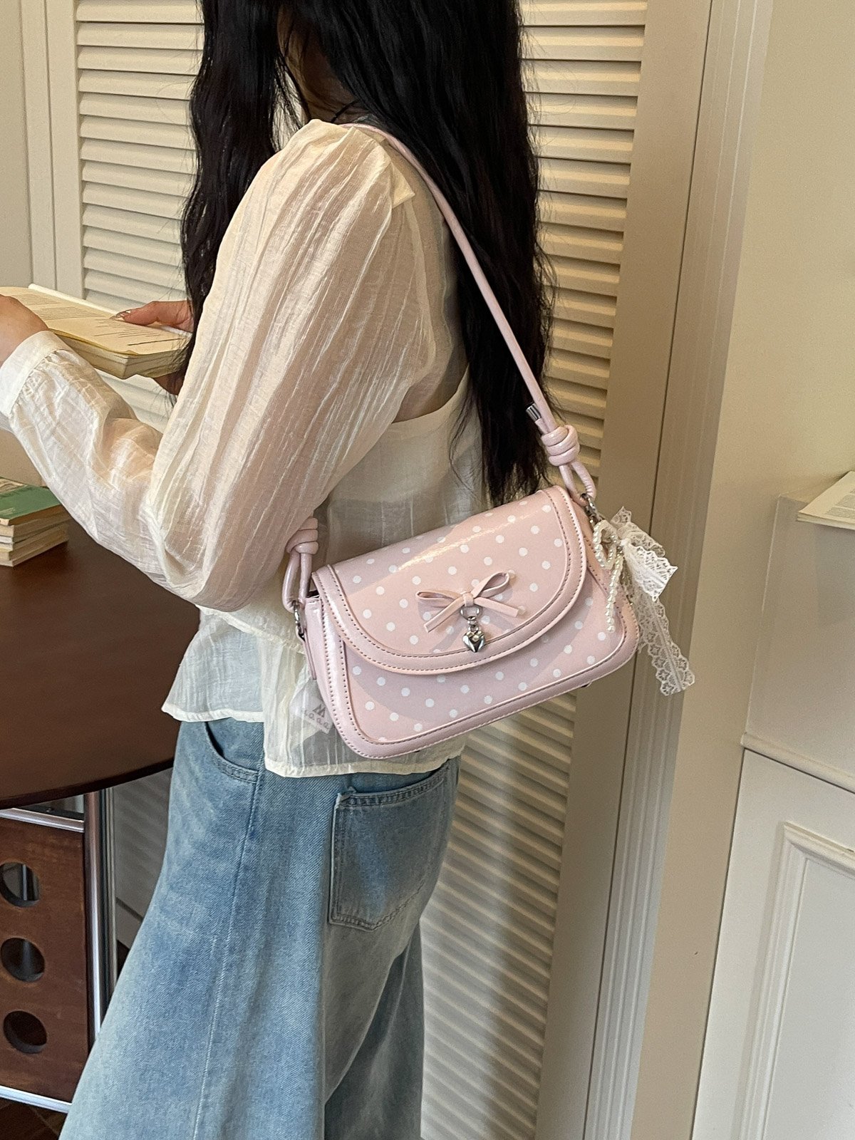 Polka Dot Flap Shoulder Bag with Charm