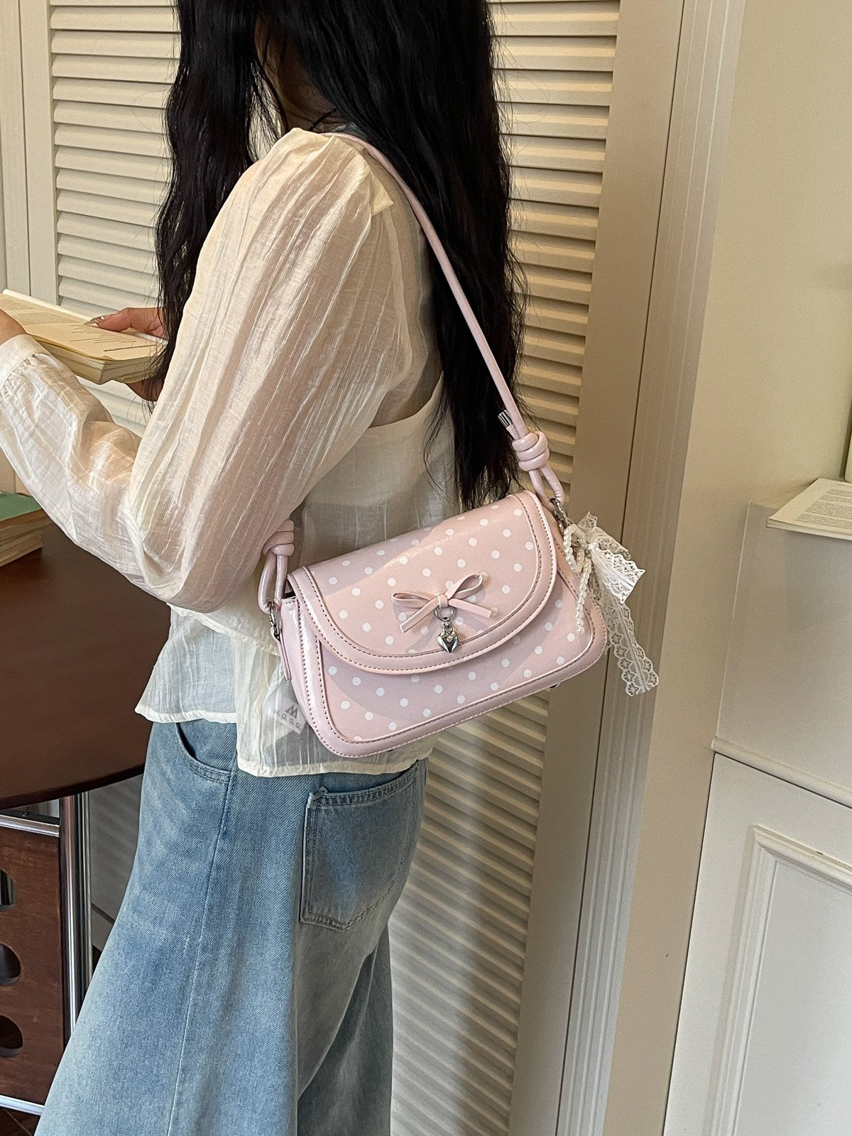 Polka Dot Flap Shoulder Bag with Charm