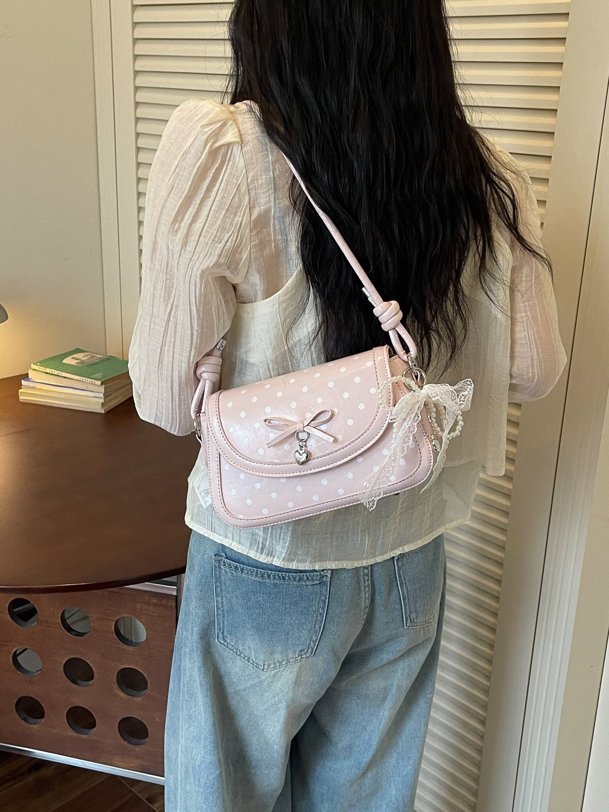 Polka Dot Flap Shoulder Bag with Charm