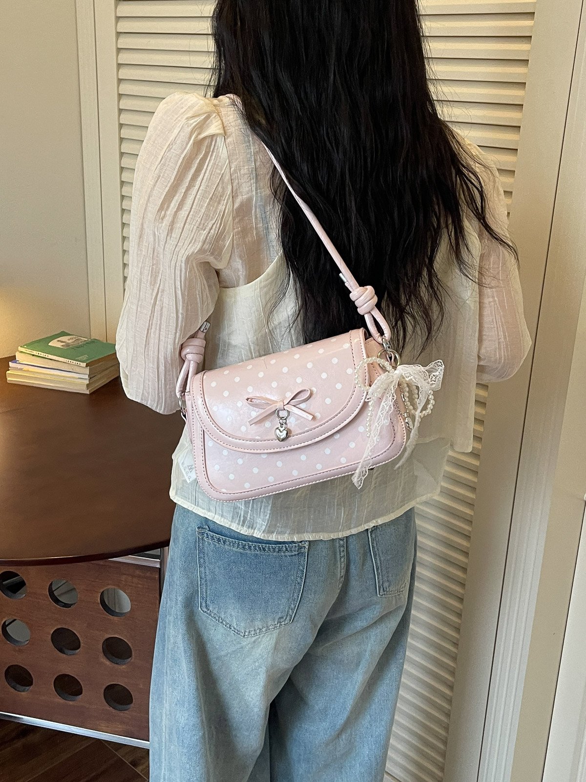 Polka Dot Flap Shoulder Bag with Charm