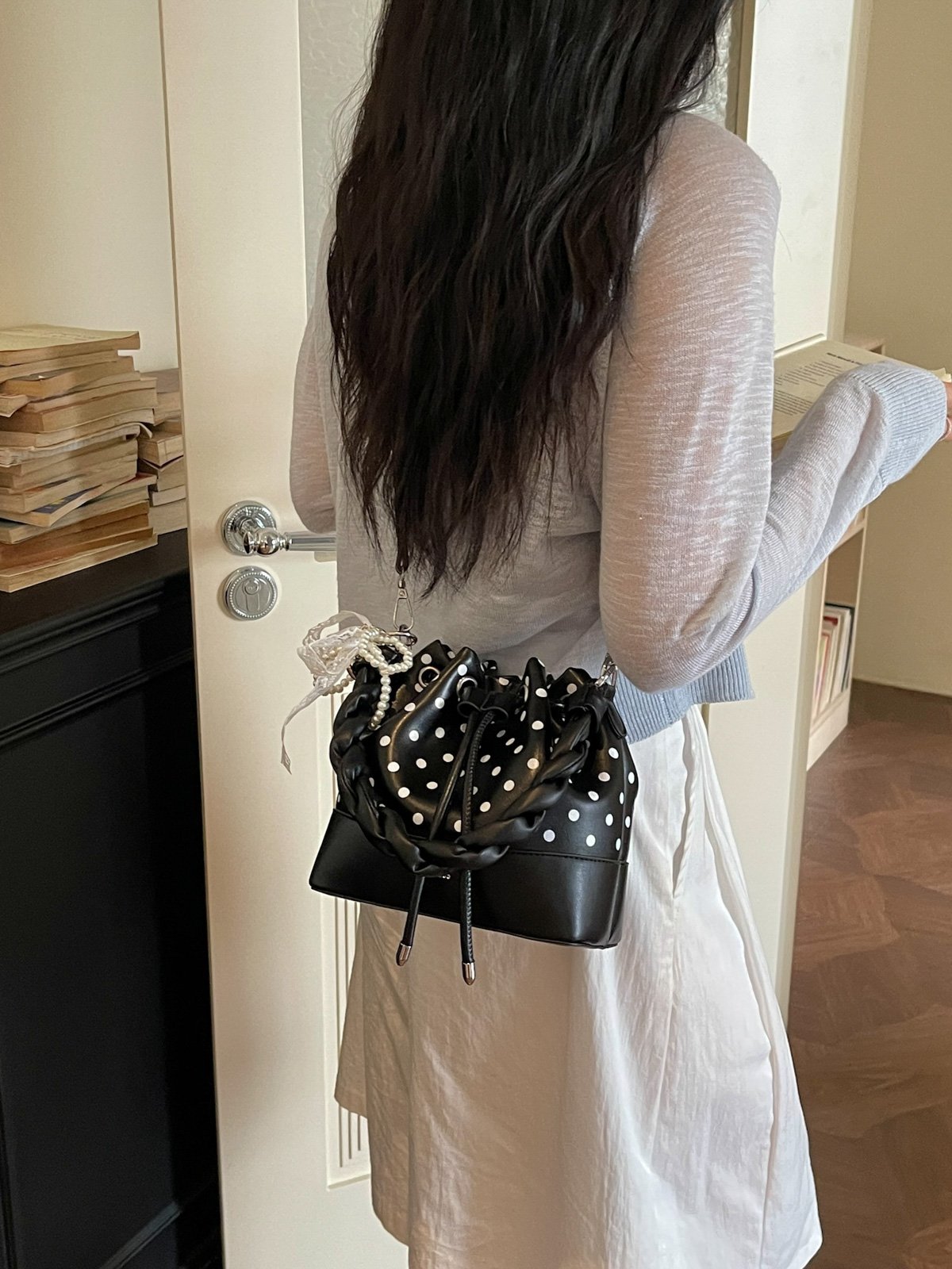 Polka Dot Drawstring Crossbody Bag with Charm