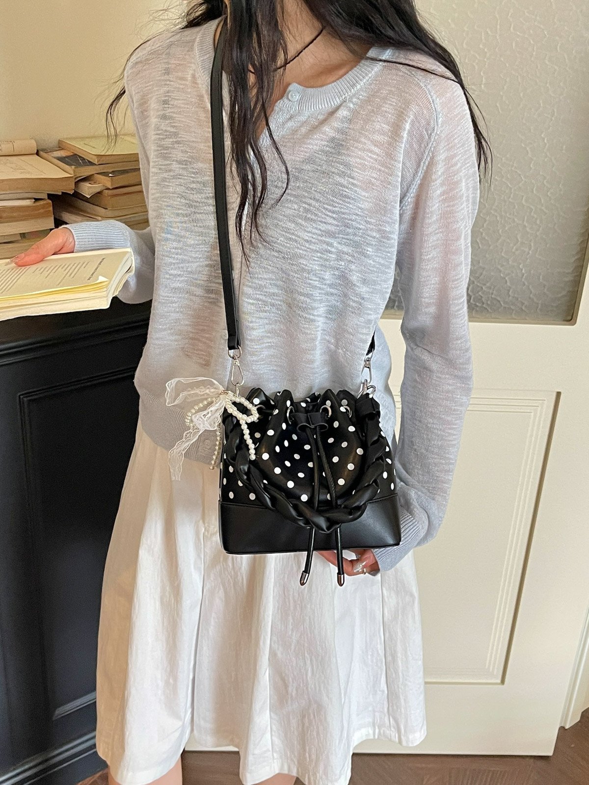 Polka Dot Drawstring Crossbody Bag with Charm