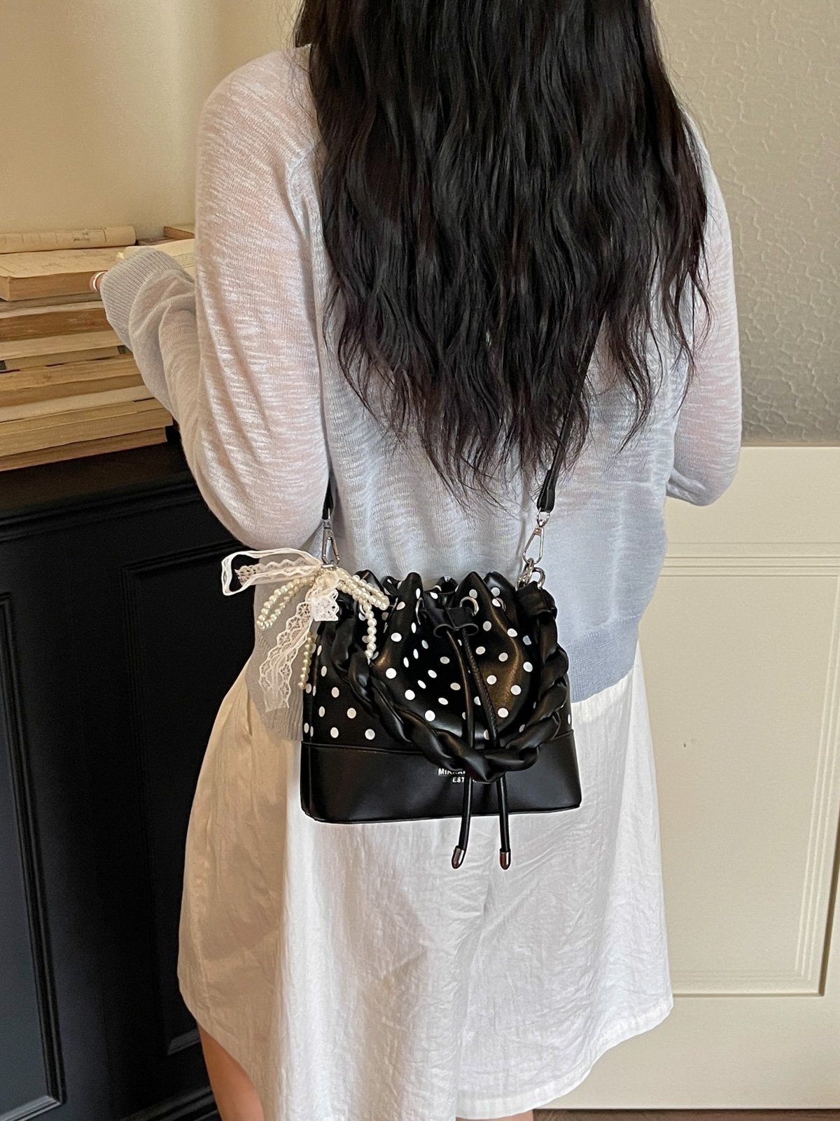 Polka Dot Drawstring Crossbody Bag with Charm