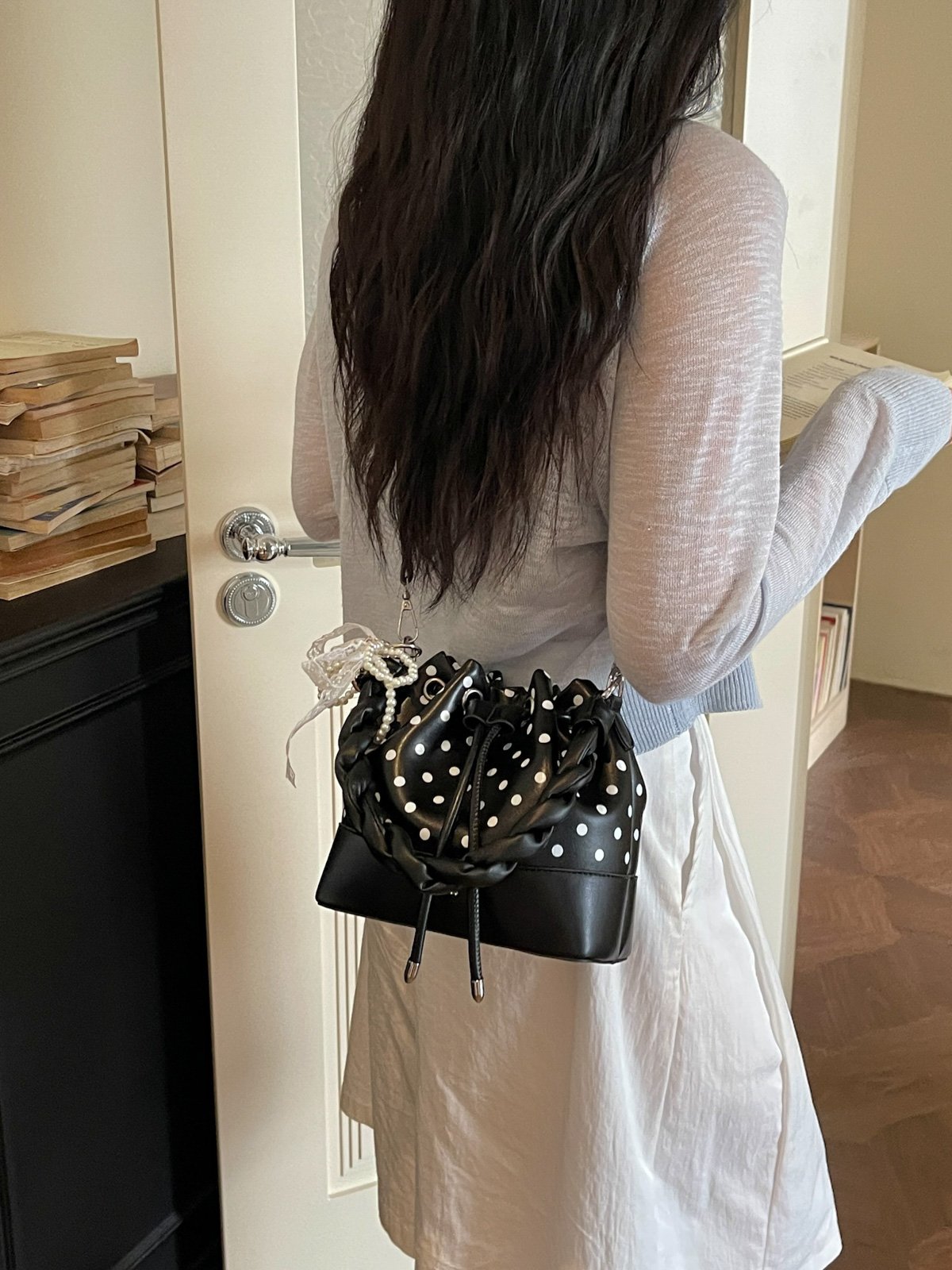 Polka Dot Drawstring Crossbody Bag with Charm