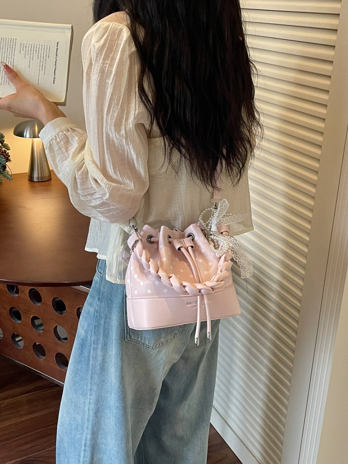 Polka Dot Drawstring Crossbody Bag with Charm
