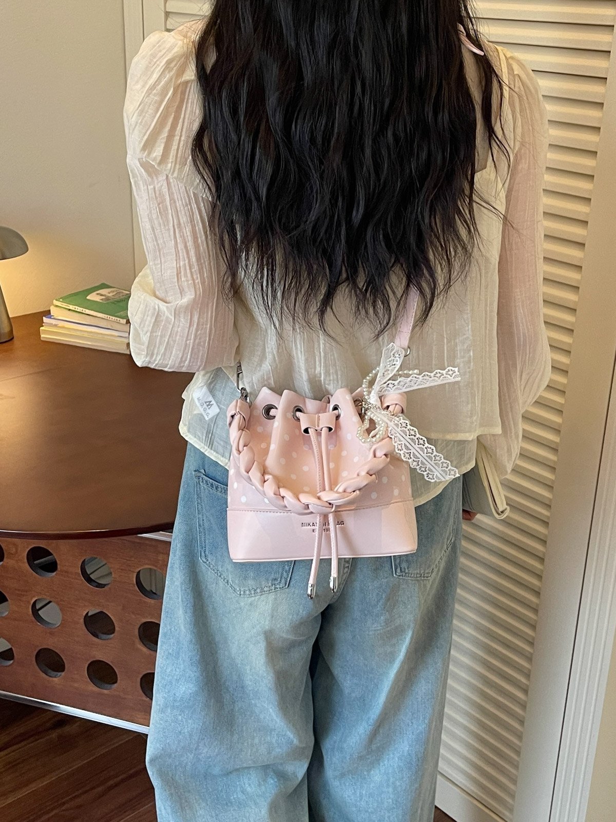 Polka Dot Drawstring Crossbody Bag with Charm