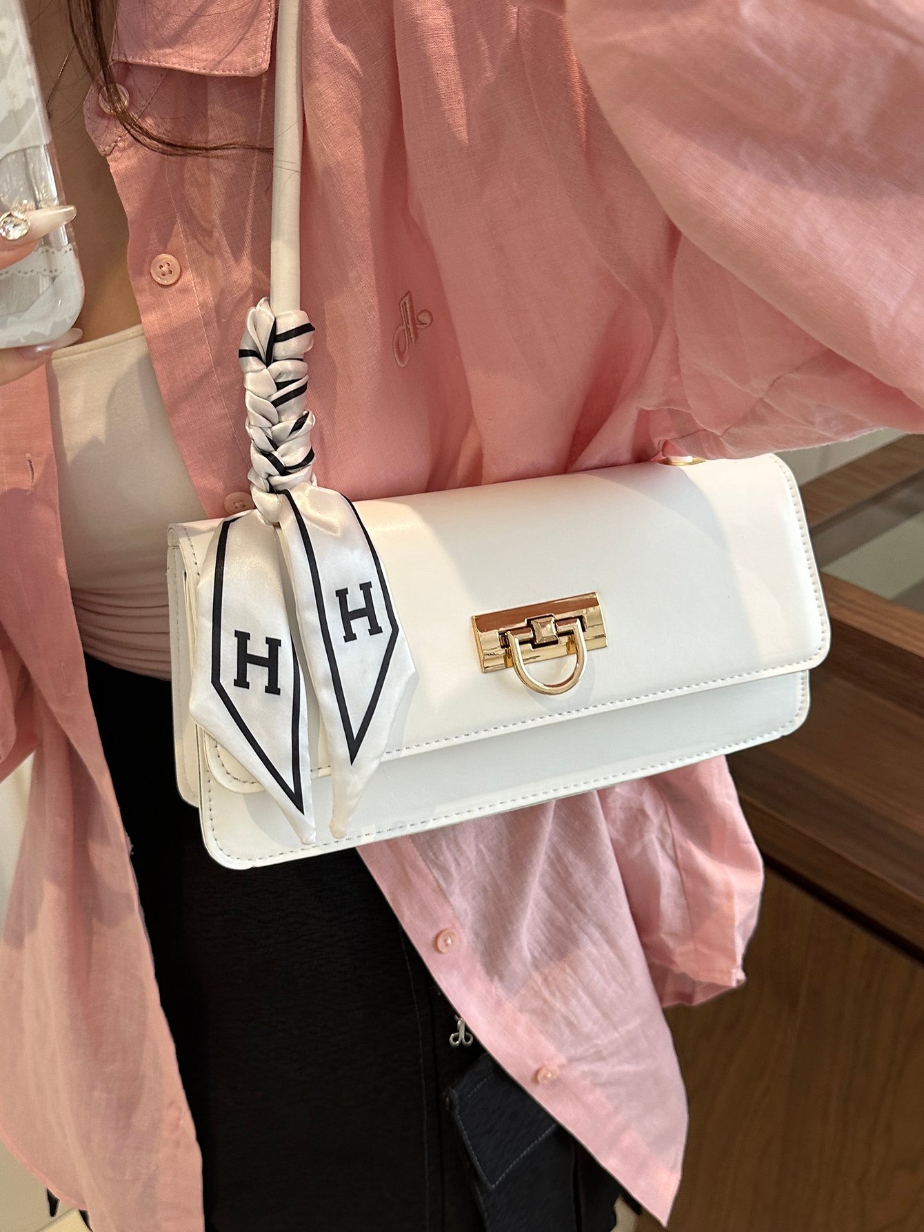Metal Decor Push-Lock Flap Shoulder Bag