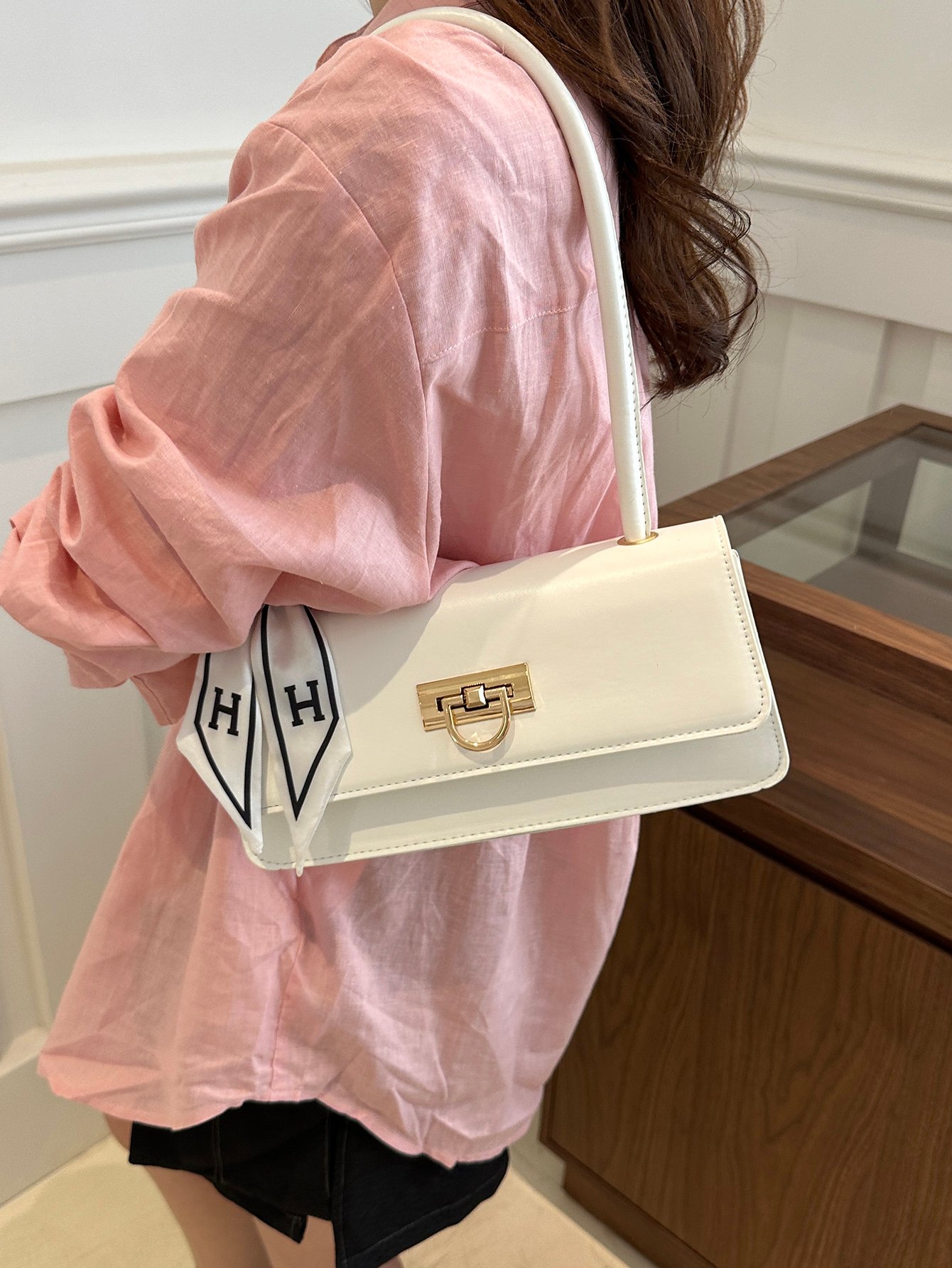Metal Decor Push-Lock Flap Shoulder Bag