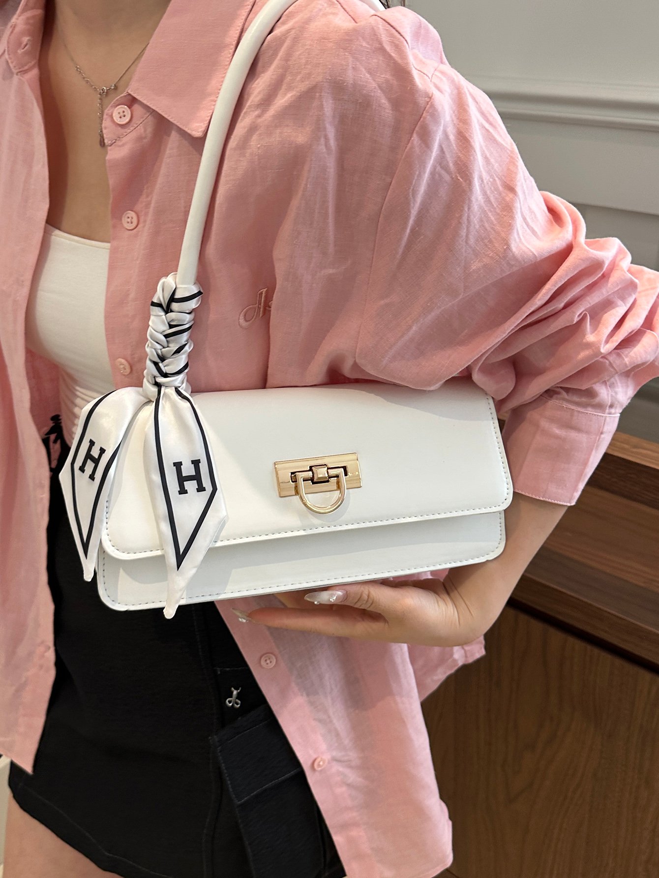 Metal Decor Push-Lock Flap Shoulder Bag