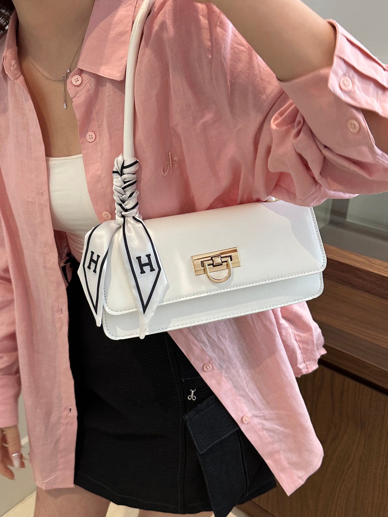 Metal Decor Push-Lock Flap Shoulder Bag