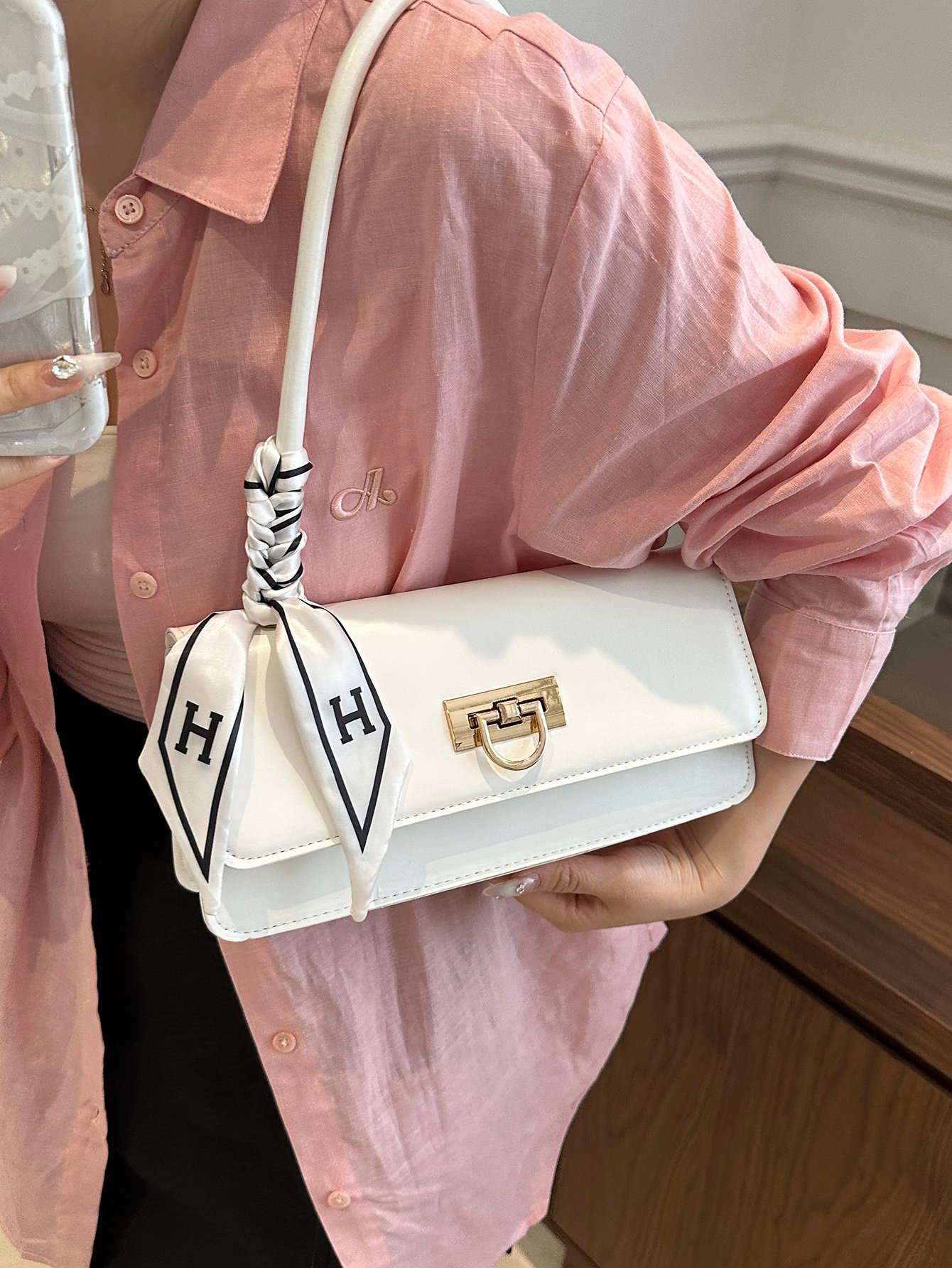 Metal Decor Push-Lock Flap Shoulder Bag