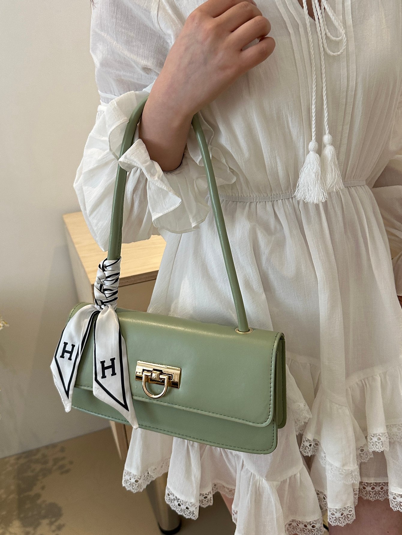 Metal Decor Push-Lock Flap Shoulder Bag