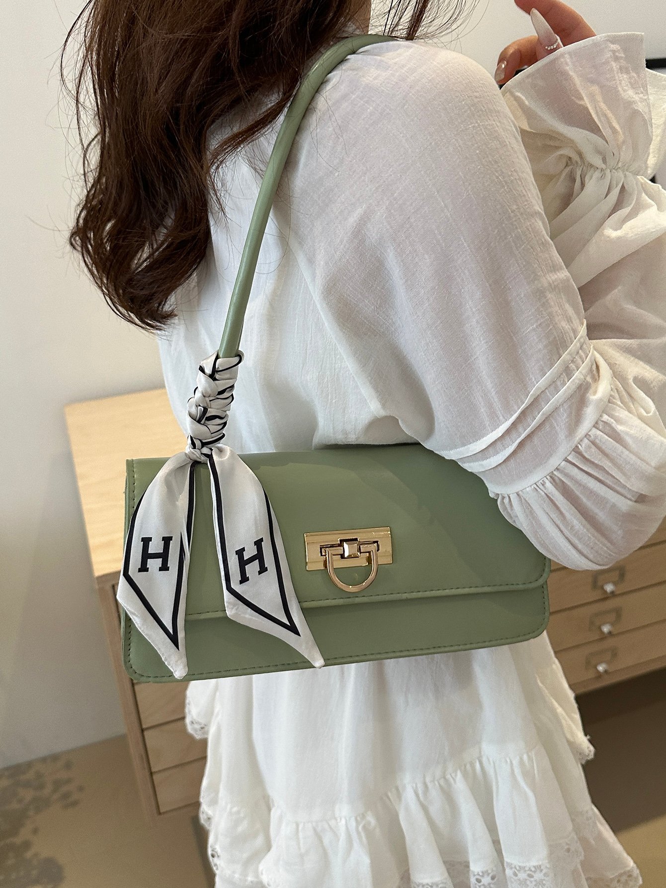 Metal Decor Push-Lock Flap Shoulder Bag