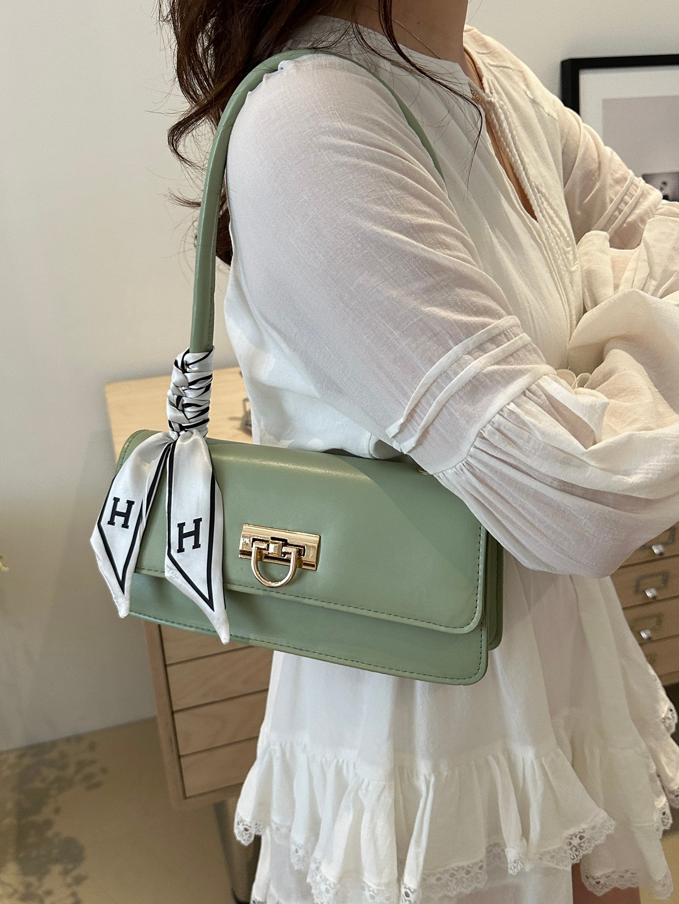Metal Decor Push-Lock Flap Shoulder Bag