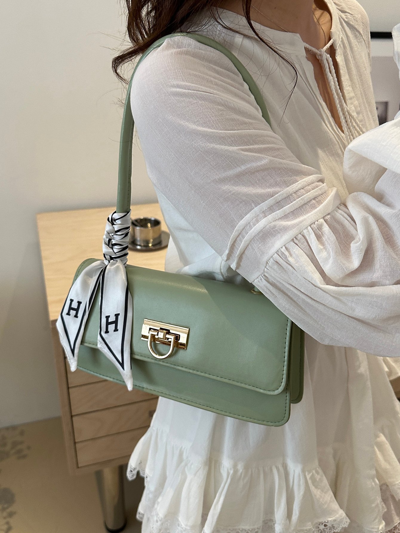 Metal Decor Push-Lock Flap Shoulder Bag