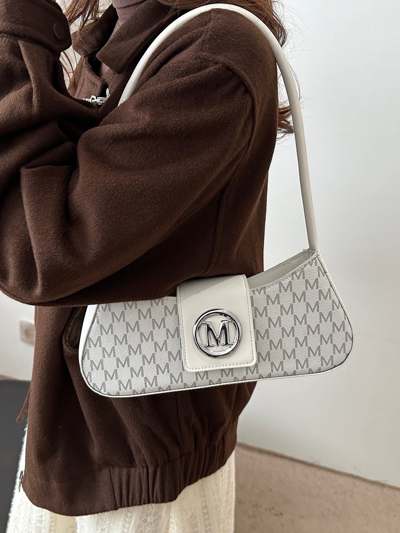 Patterned Shoulder Bag with Metal Flap