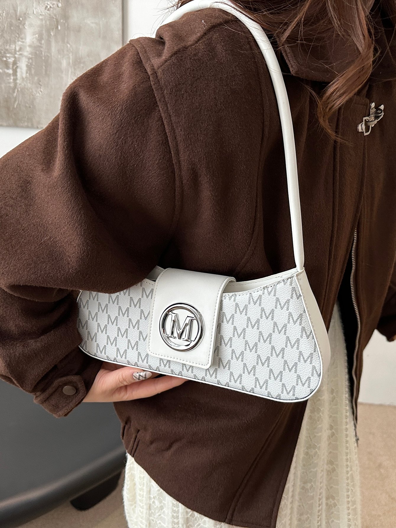 Patterned Shoulder Bag with Metal Flap