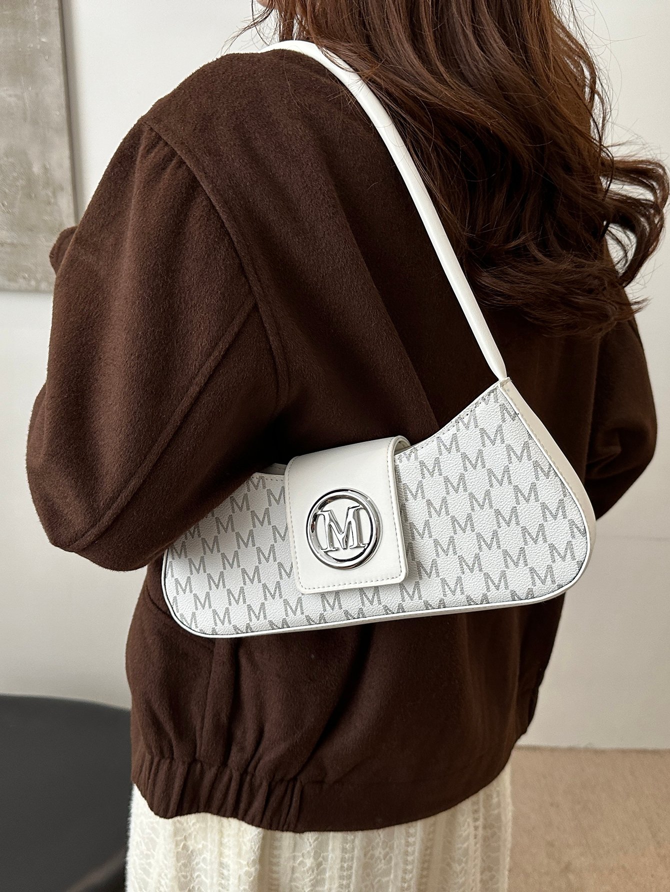Patterned Shoulder Bag with Metal Flap