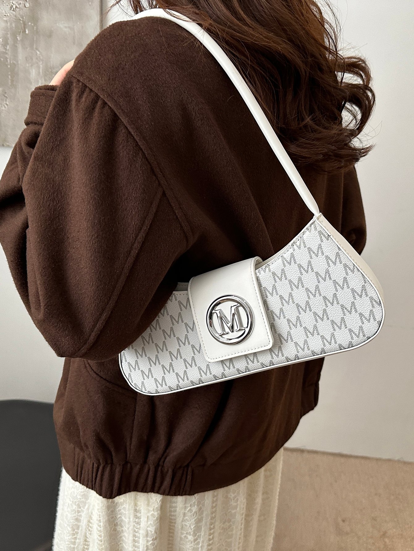 Patterned Shoulder Bag with Metal Flap
