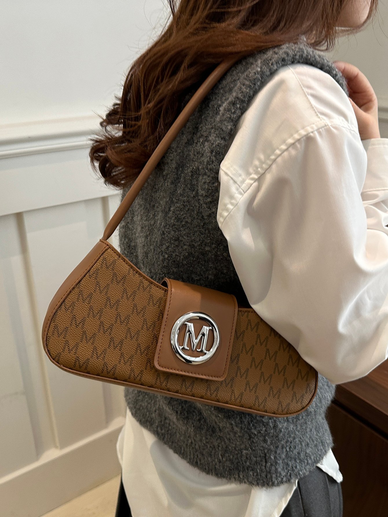 Patterned Shoulder Bag with Metal Flap