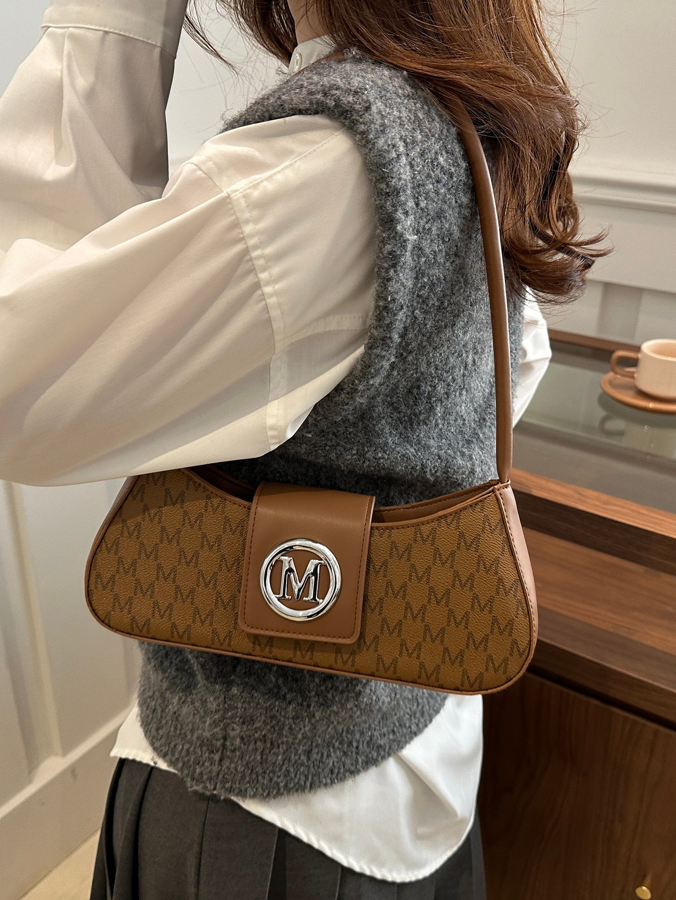 Patterned Shoulder Bag with Metal Flap