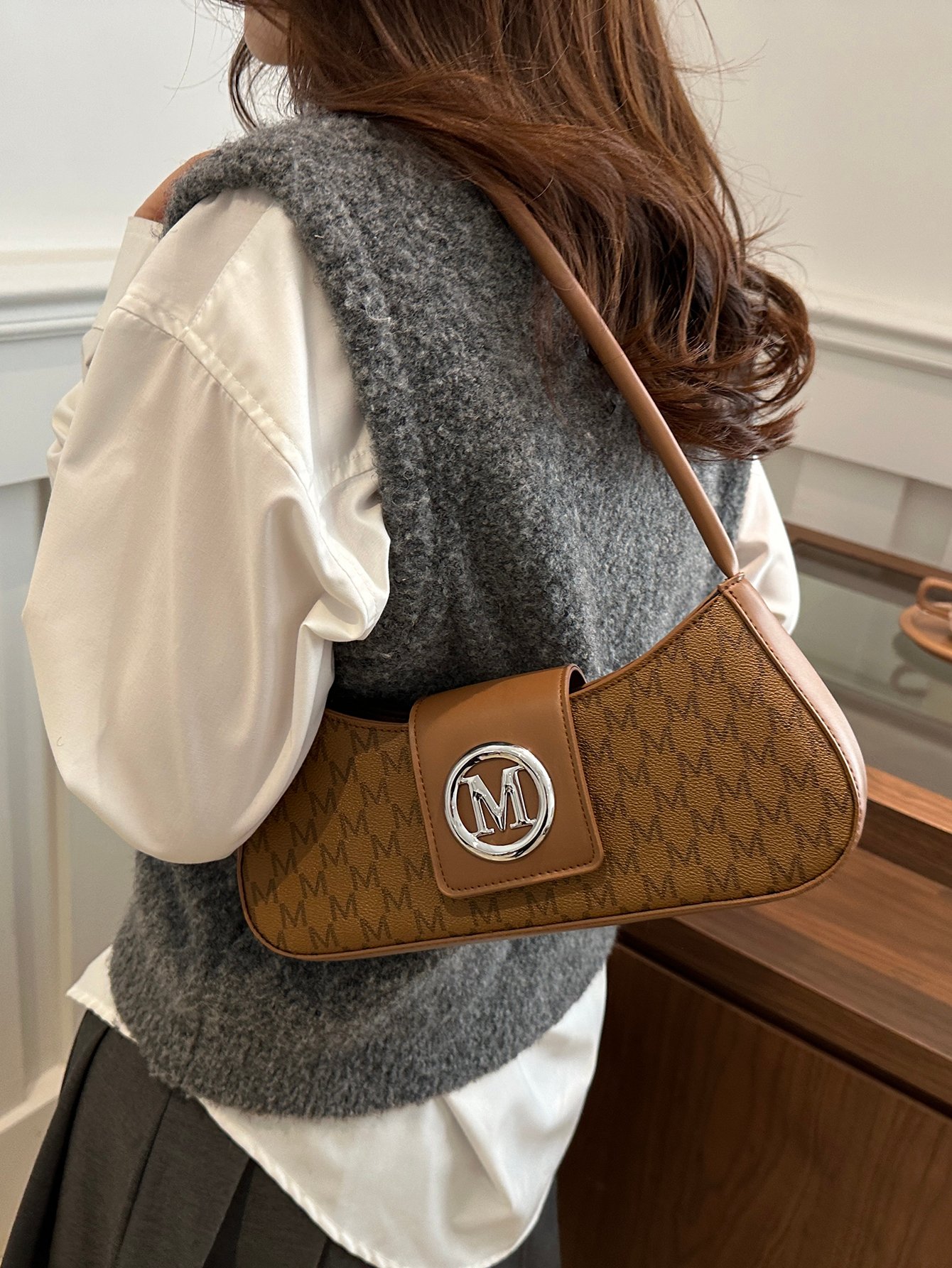 Patterned Shoulder Bag with Metal Flap