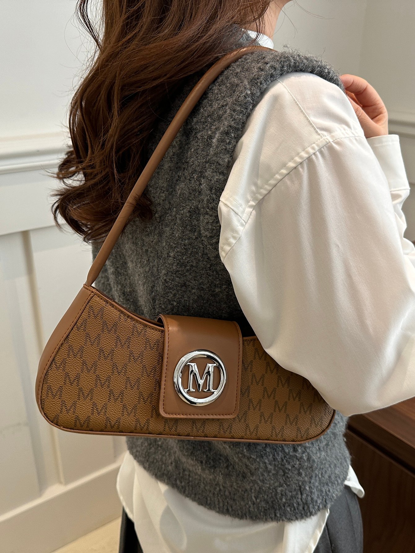 Patterned Shoulder Bag with Metal Flap