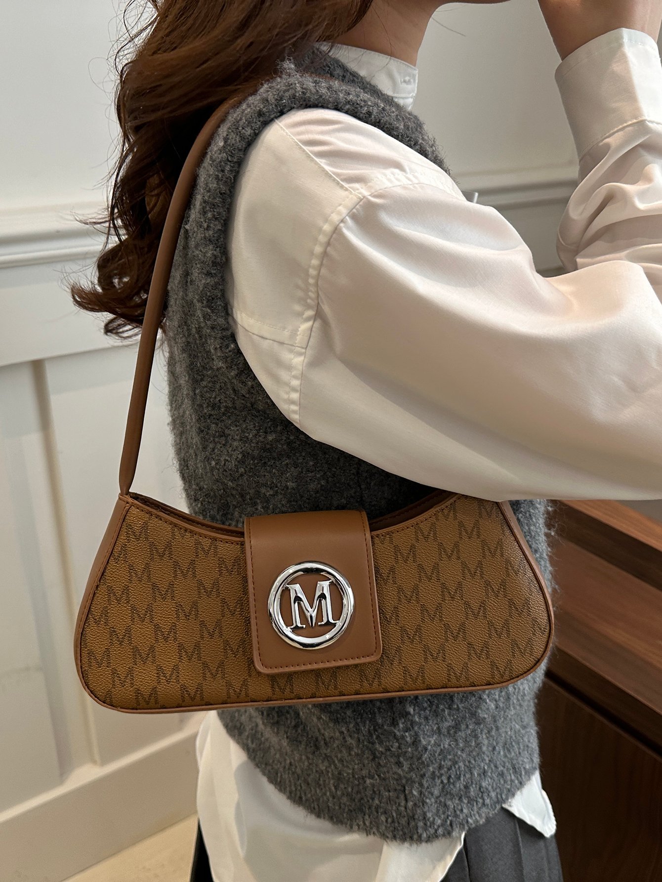 Patterned Shoulder Bag with Metal Flap