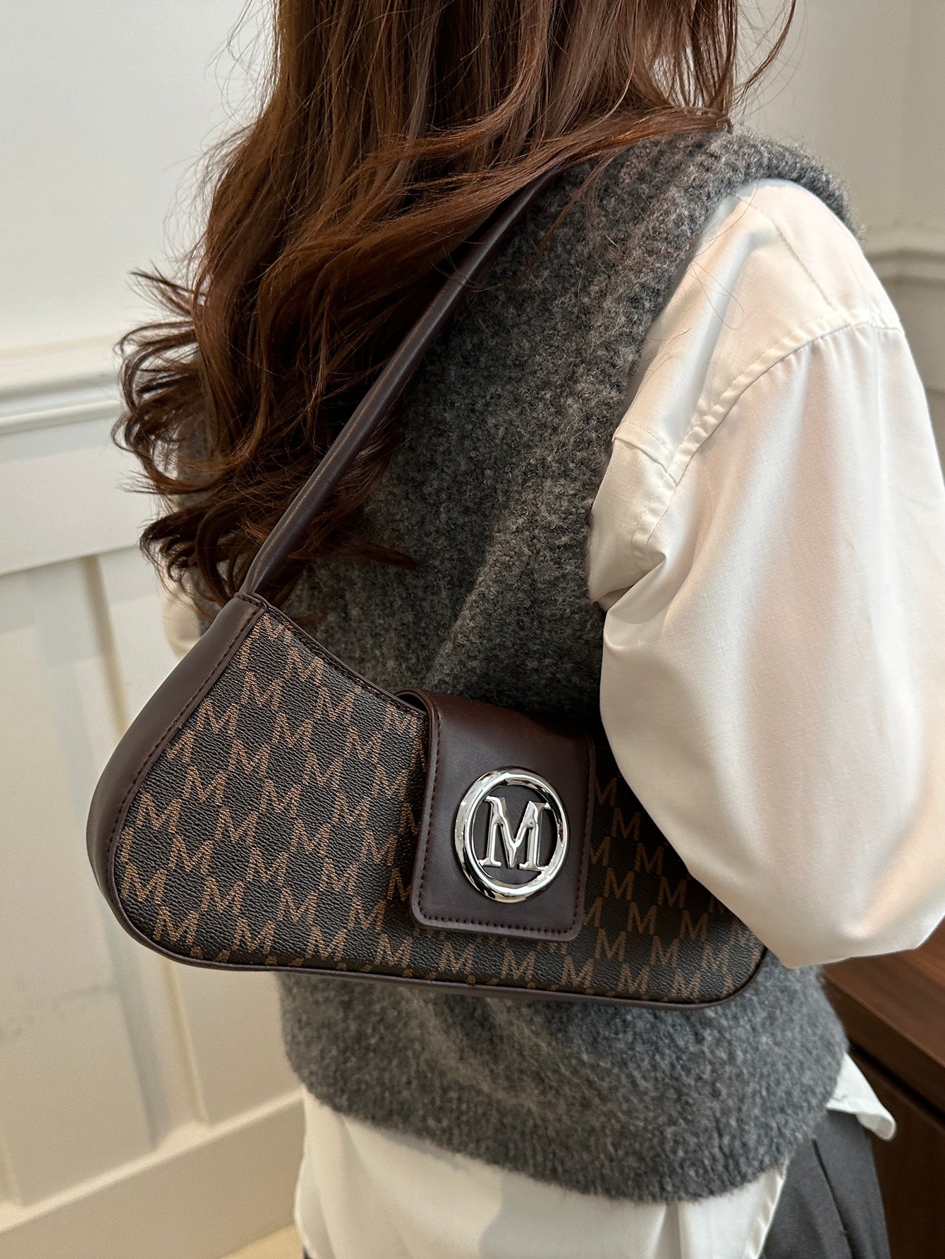 Patterned Shoulder Bag with Metal Flap
