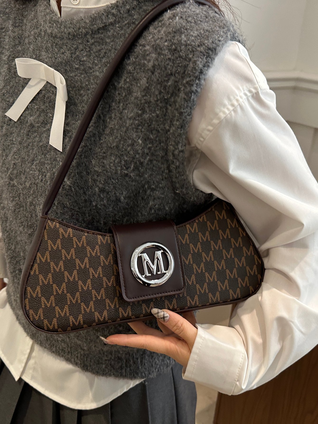 Patterned Shoulder Bag with Metal Flap