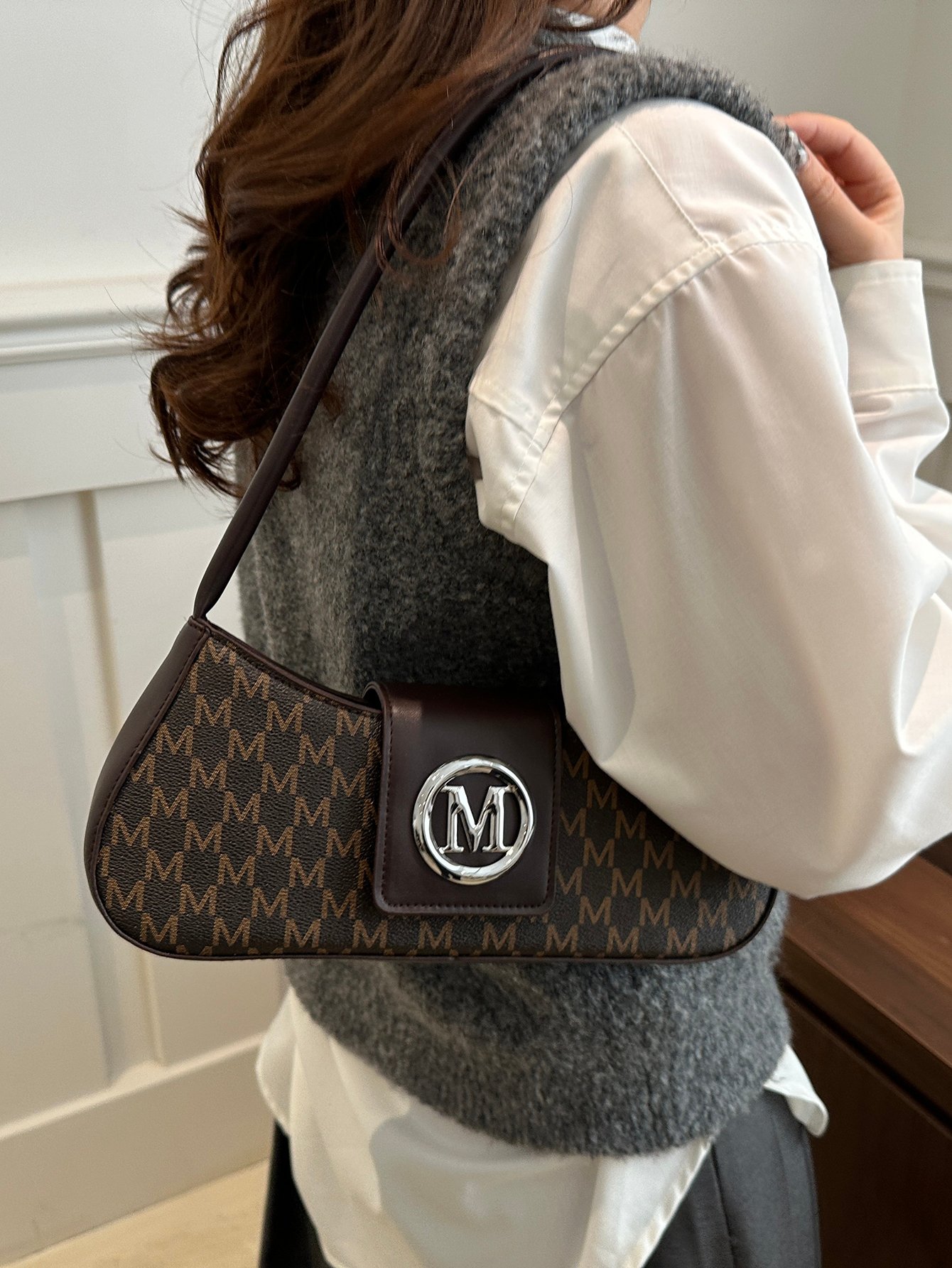 Patterned Shoulder Bag with Metal Flap