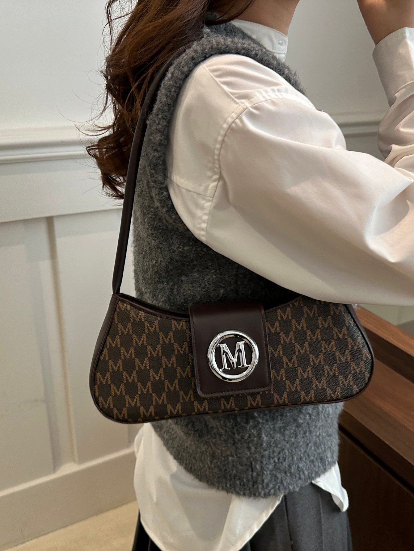 Patterned Shoulder Bag with Metal Flap