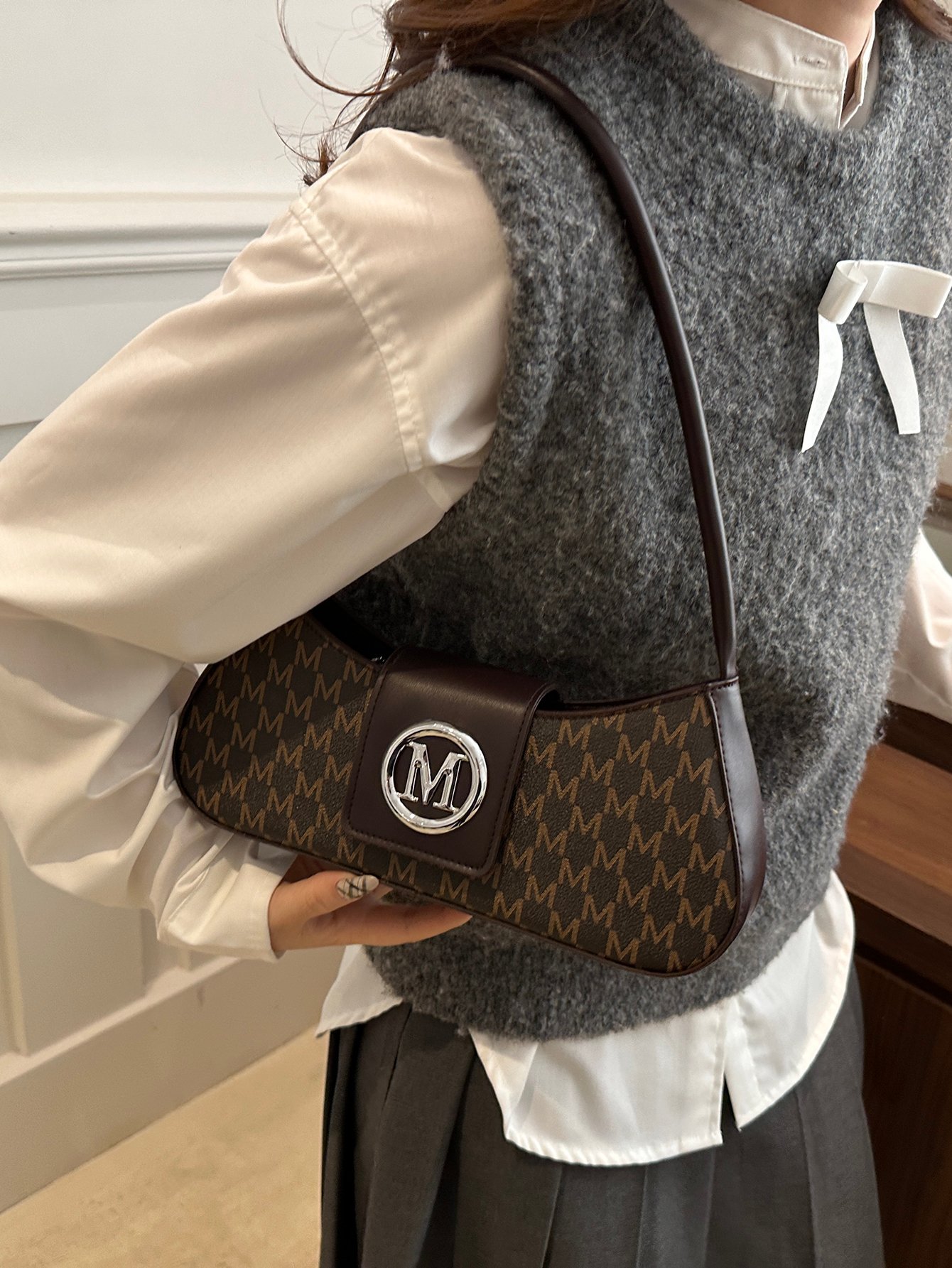 Patterned Shoulder Bag with Metal Flap