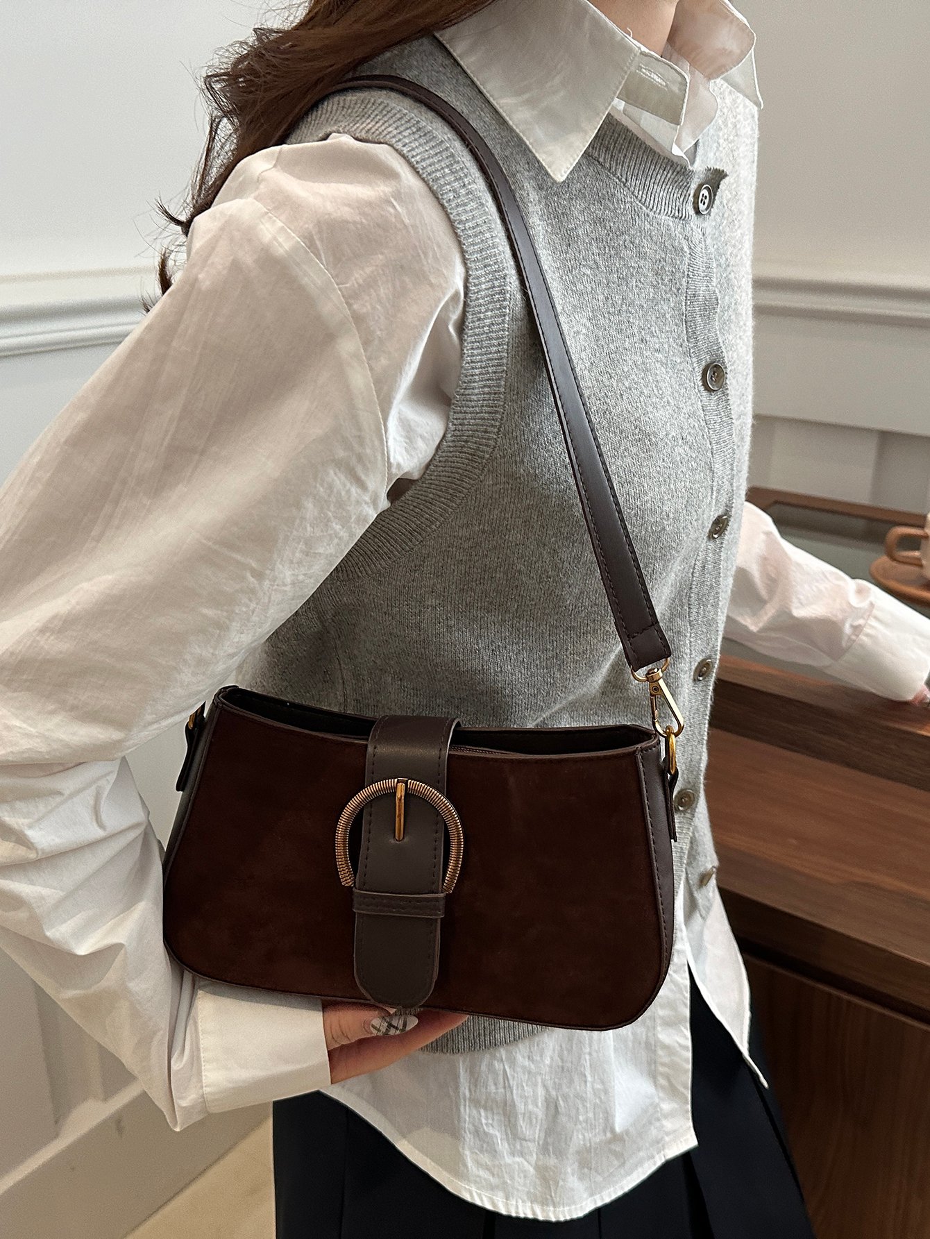 Solid Buckle Flap Detail Shoulder Bag