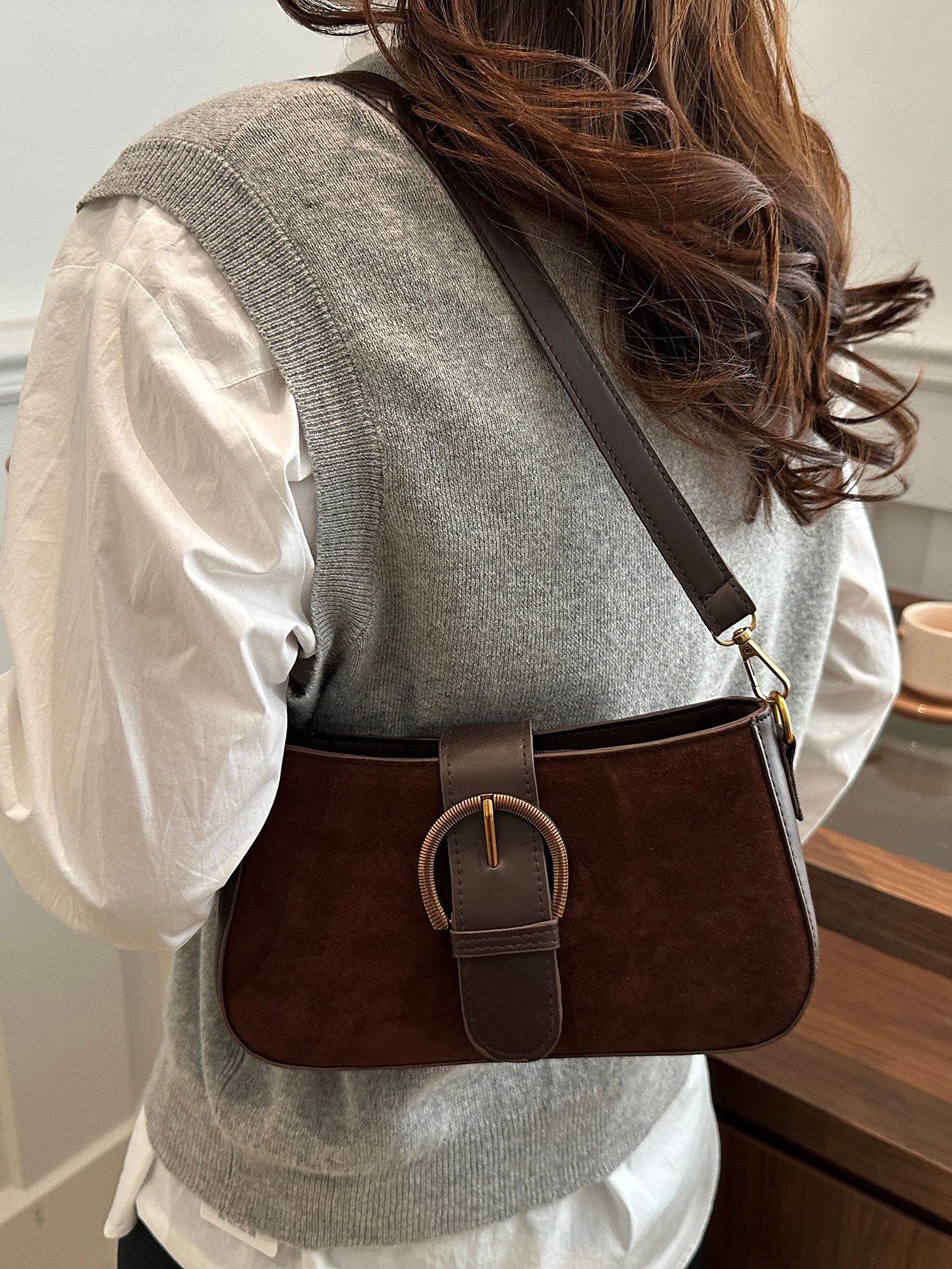 Solid Buckle Flap Detail Shoulder Bag