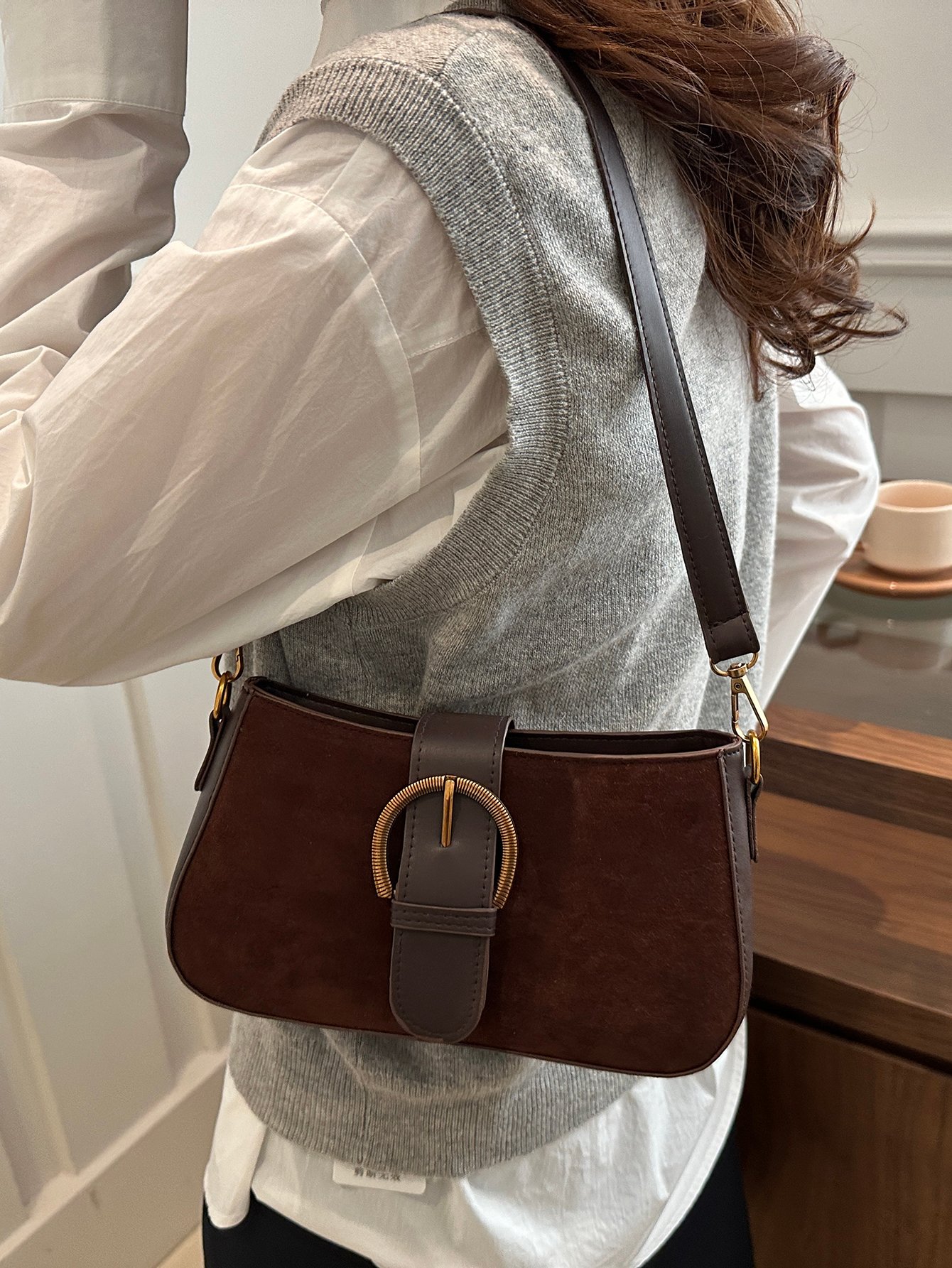 Solid Buckle Flap Detail Shoulder Bag