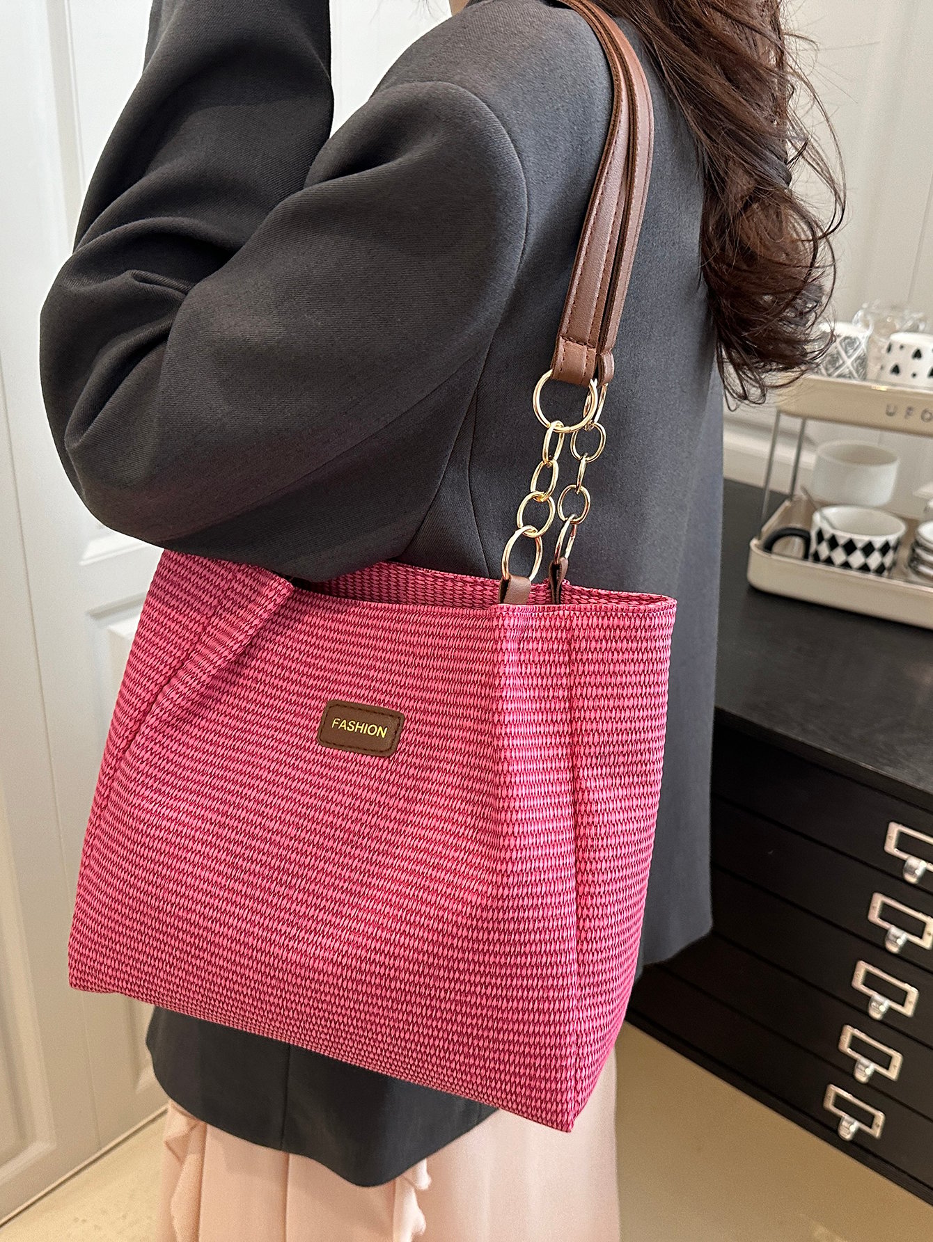 Textured Shoulder Bag with Chain Detail
