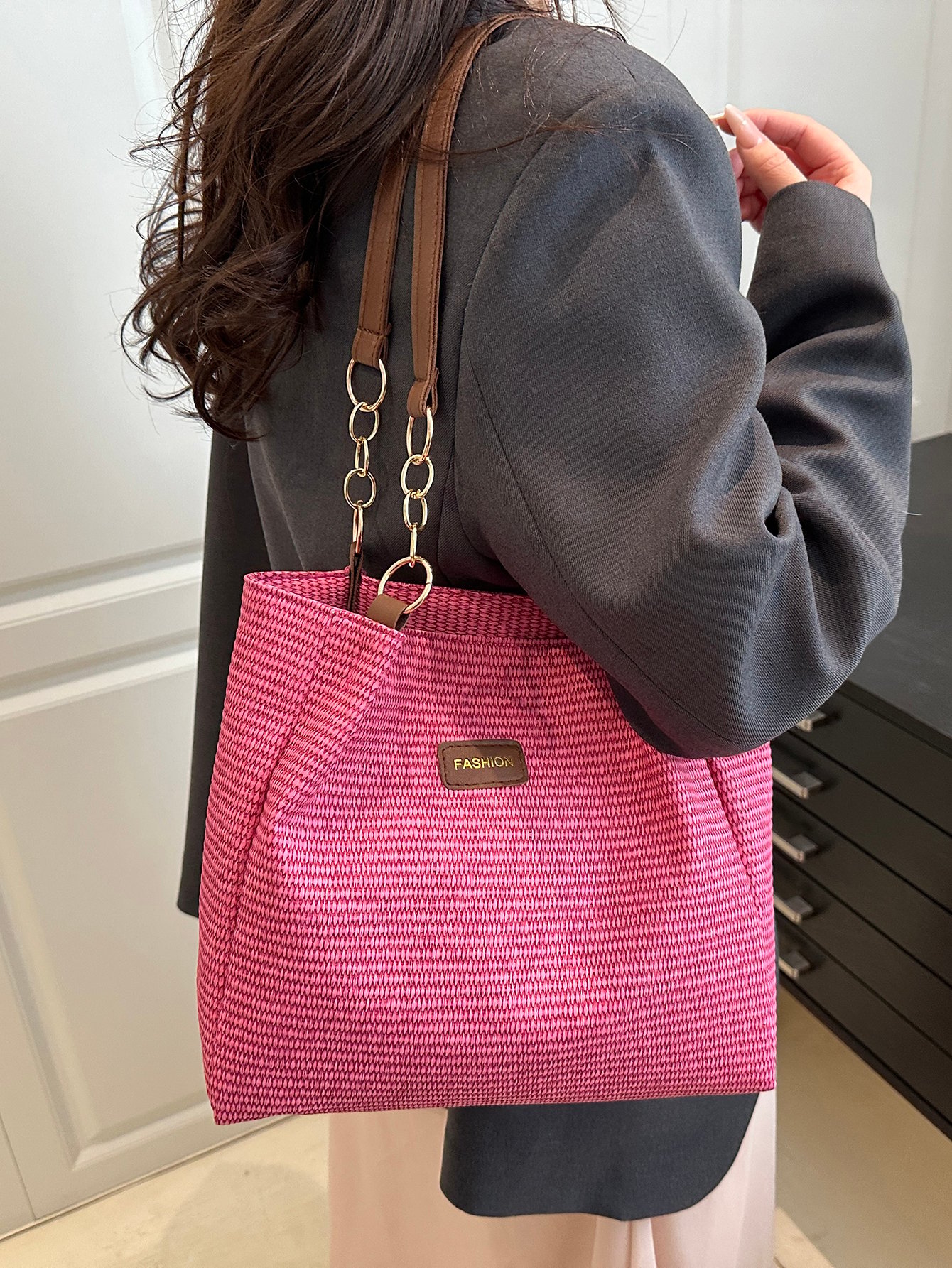 Textured Shoulder Bag with Chain Detail
