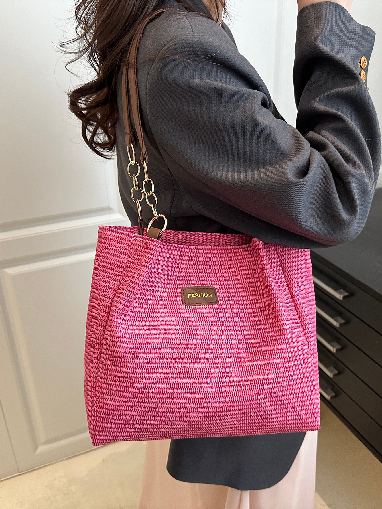 Textured Shoulder Bag with Chain Detail