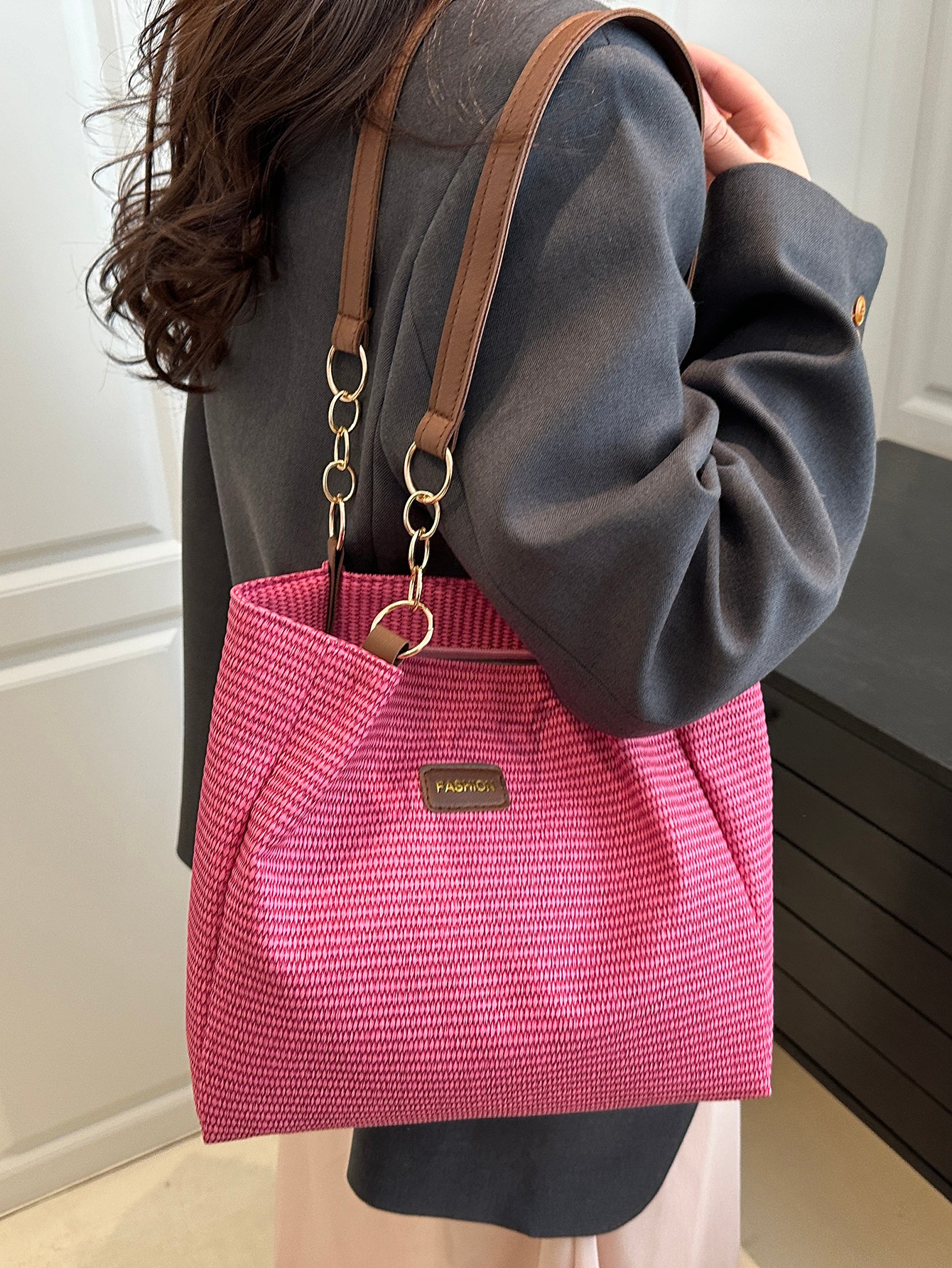 Textured Shoulder Bag with Chain Detail